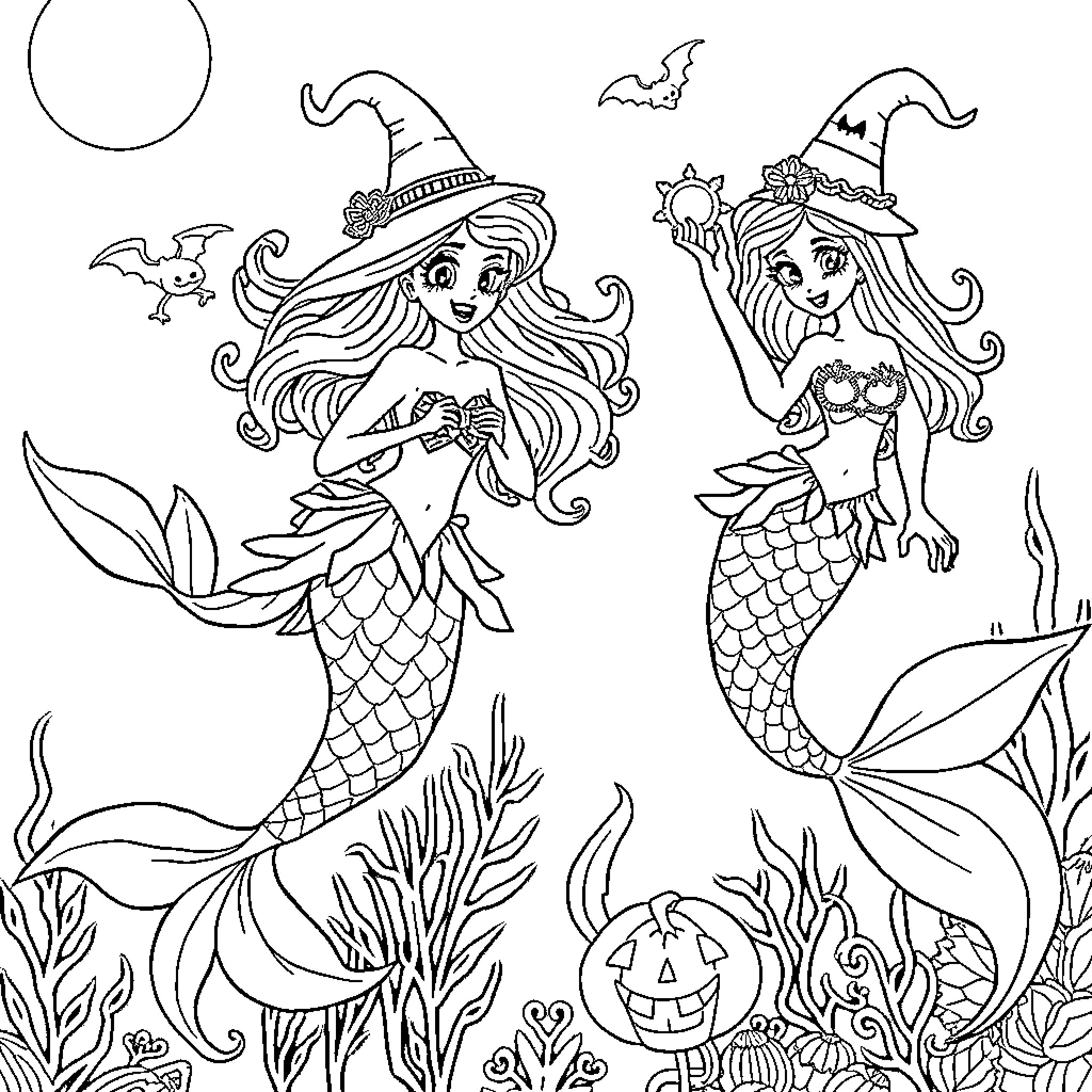 Mermaid Halloween Celebrations Coloring Page (free black-and-white line drawing printable PDF for all, from beginners to advanced learners, including children, teens, adults, and seniors)