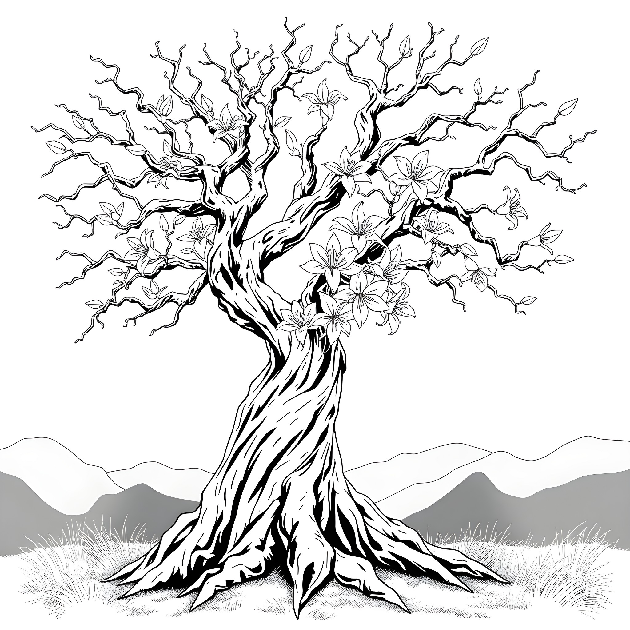Tree with Whimsical Branches and Floral Blooms Coloring Page (free black-and-white line drawing printable PDF for all, from beginners to advanced learners, including children, teens, adults, and seniors)