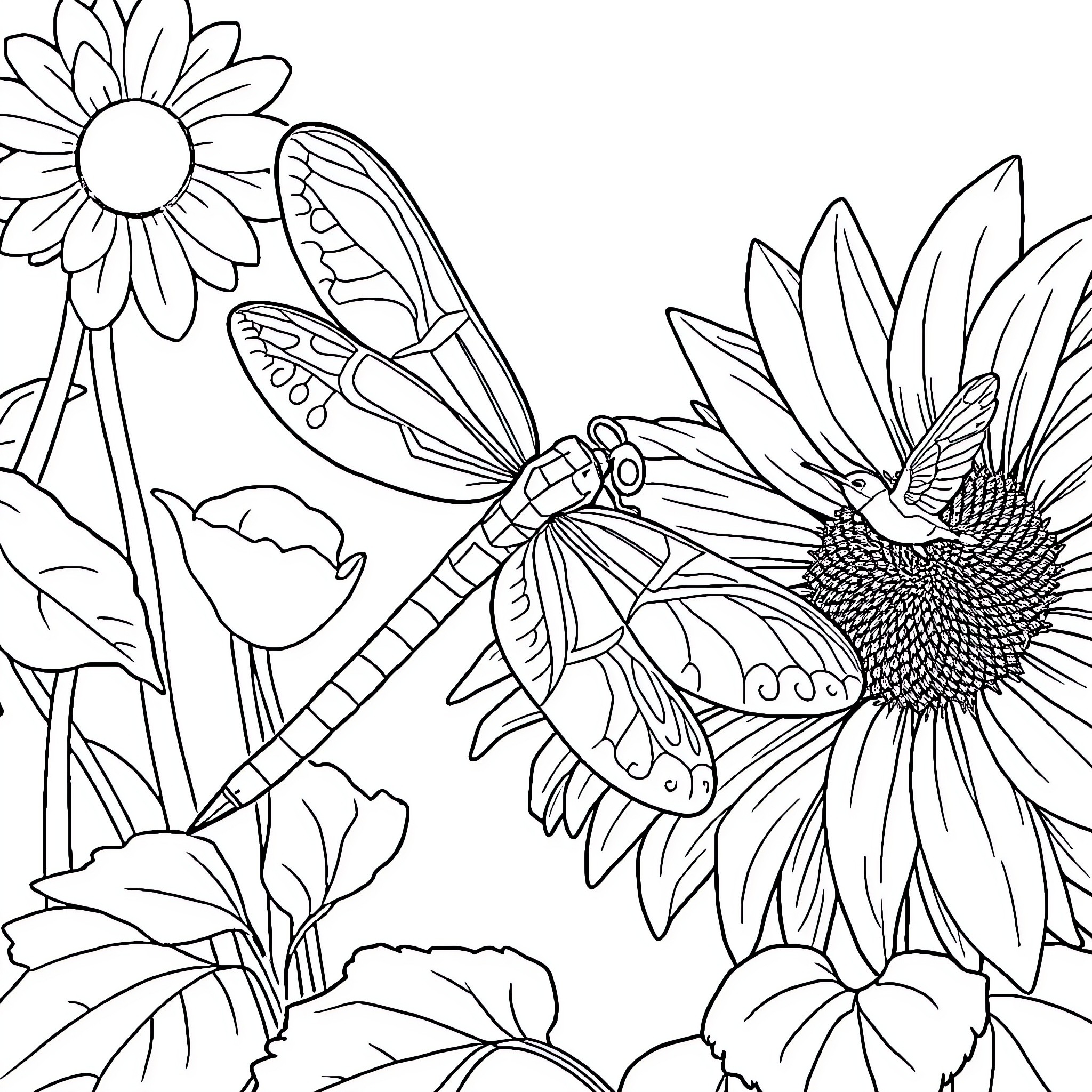 Dragonfly and Sunflowers in Nature Coloring Page (free black-and-white line drawing printable PDF for all, from beginners to advanced learners, including children, teens, adults, and seniors)