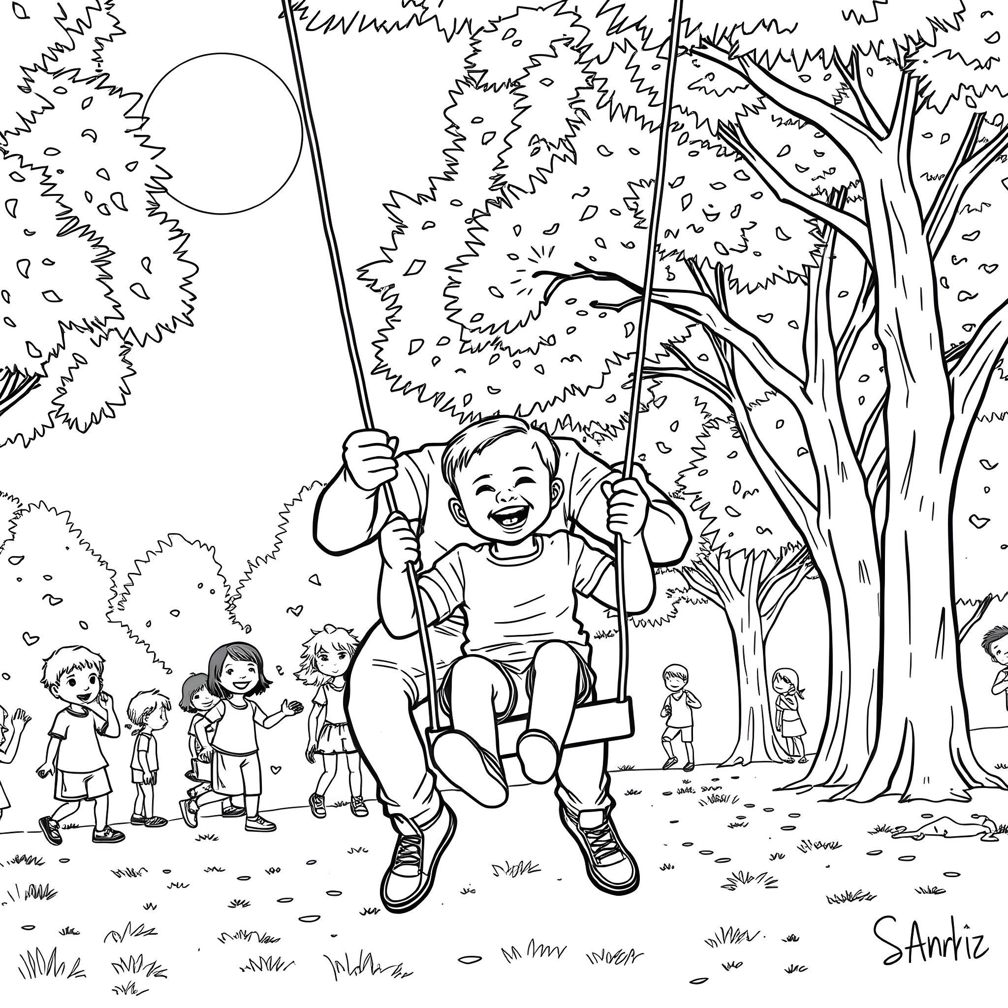 Dad plays happily on a swing in the park Coloring Page (free black-and-white line drawing printable PDF for all, from beginners to advanced learners, including children, teens, adults, and seniors)