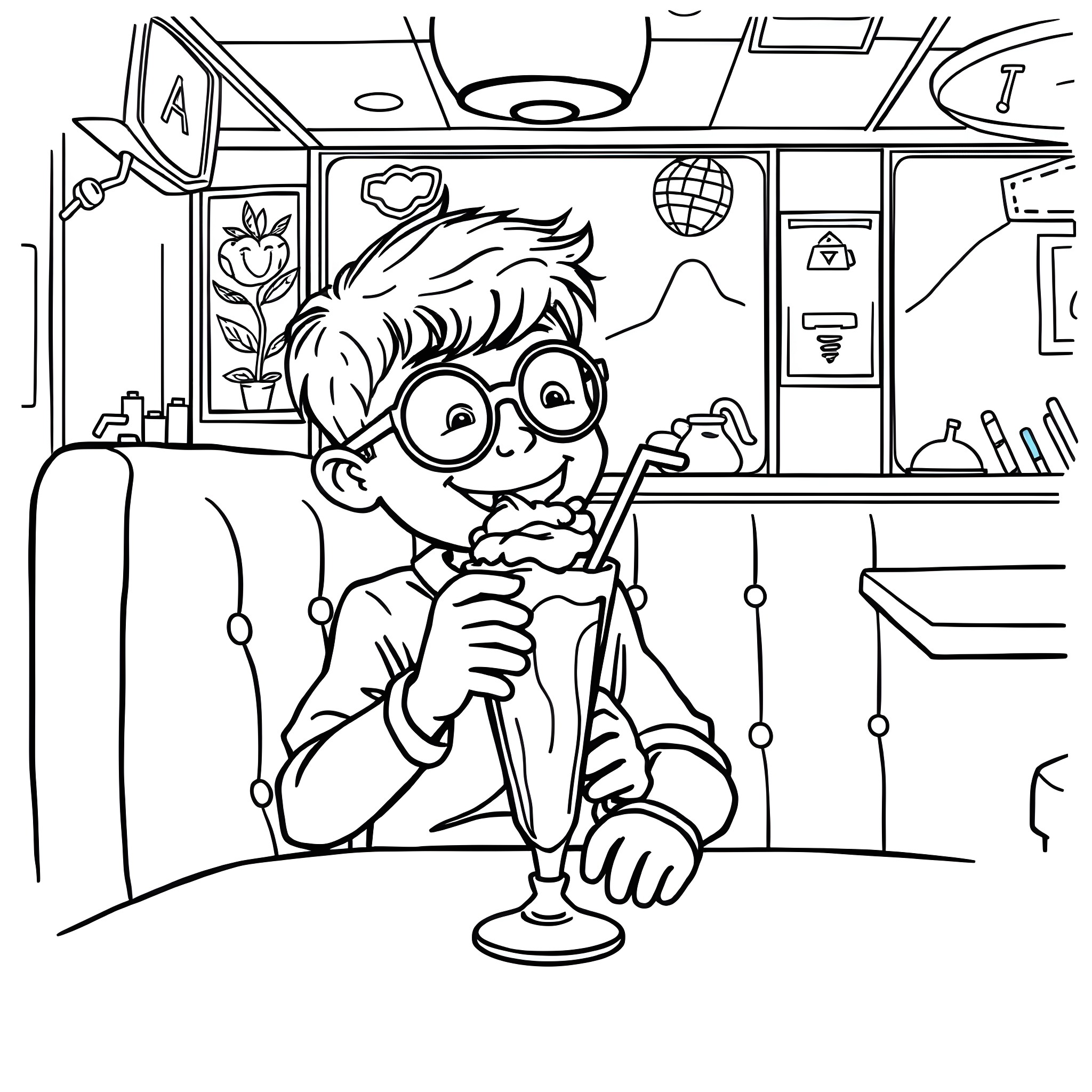 Kid Enjoying a Milkshake in Classroom Coloring Page (free black-and-white line drawing printable PDF for all, from beginners to advanced learners, including children, teens, adults, and seniors)
