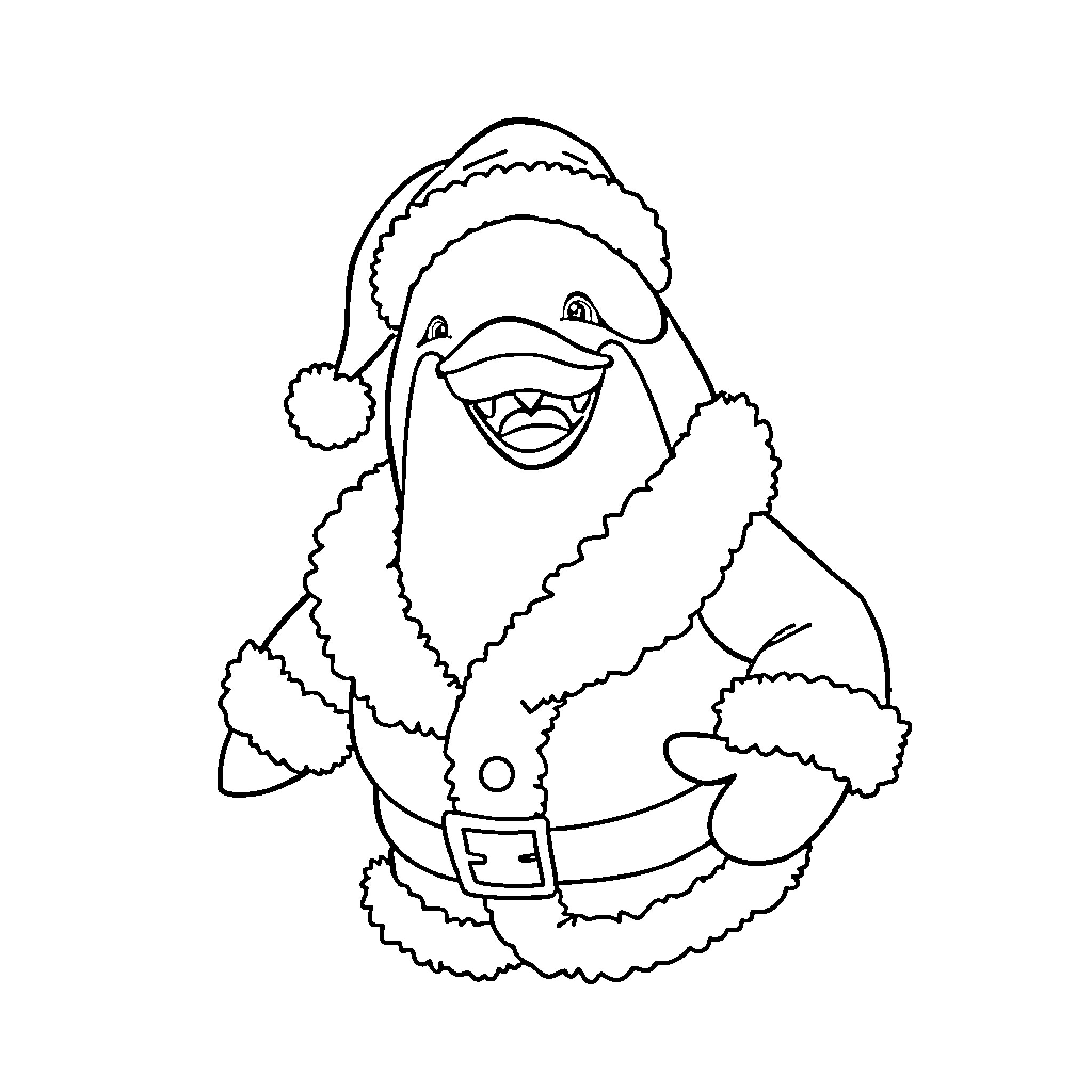 Orca wearing a festive Santa outfit Coloring Page (free black-and-white line drawing printable PDF for all, from beginners to advanced learners, including children, teens, adults, and seniors)