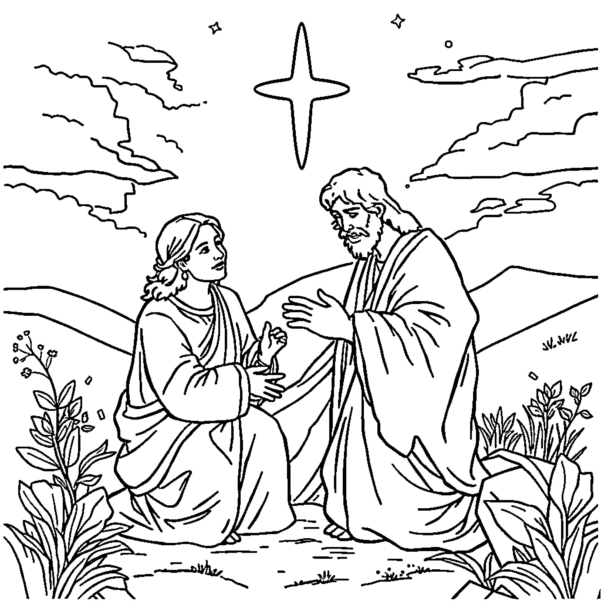 Jesus teaching a woman in a serene outdoor setting Coloring Page (free black-and-white line drawing printable PDF for all, from beginners to advanced learners, including children, teens, adults, and seniors)