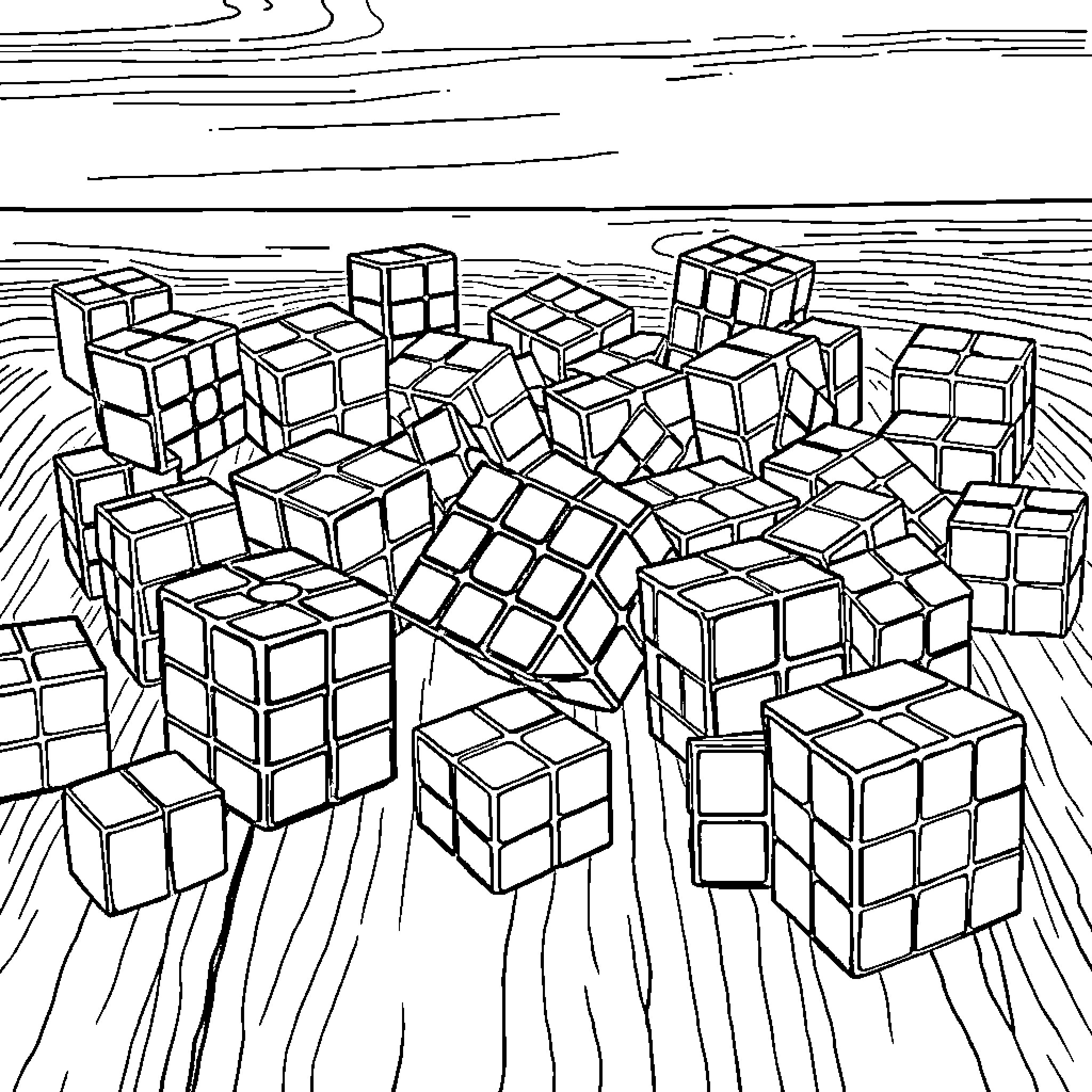 Rubik's Cube Chaos and Complexity Coloring Page (free black-and-white line drawing printable PDF for all, from beginners to advanced learners, including children, teens, adults, and seniors)
