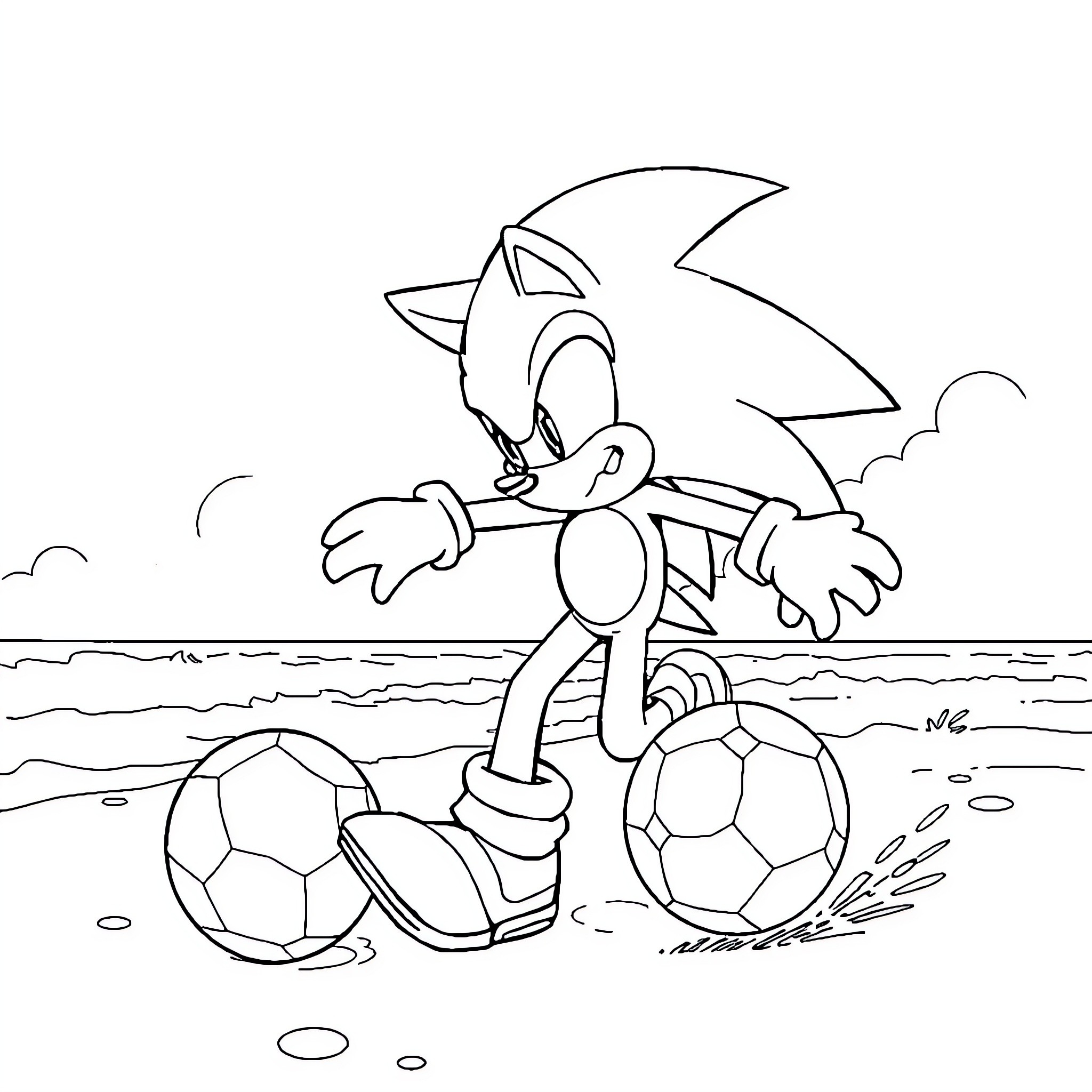 Sonic playing with soccer balls on the beach Coloring Page (free black-and-white line drawing printable PDF for all, from beginners to advanced learners, including children, teens, adults, and seniors)
