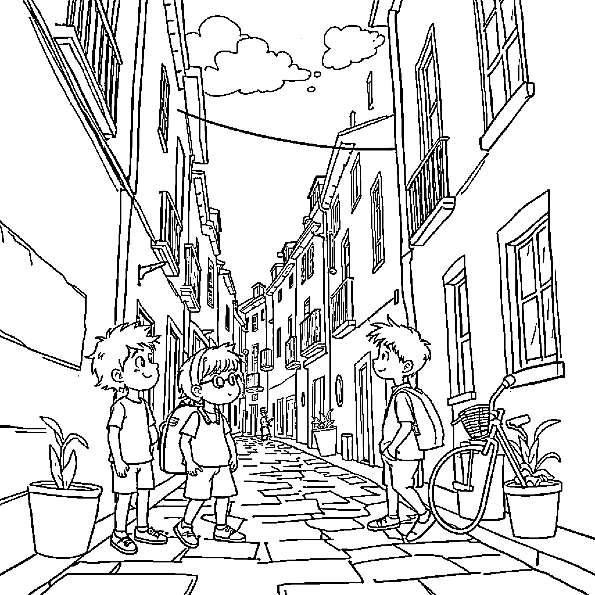 Niños exploring the charming alleyway Coloring Page (free black-and-white line drawing printable PDF for all, from beginners to advanced learners, including children, teens, adults, and seniors)