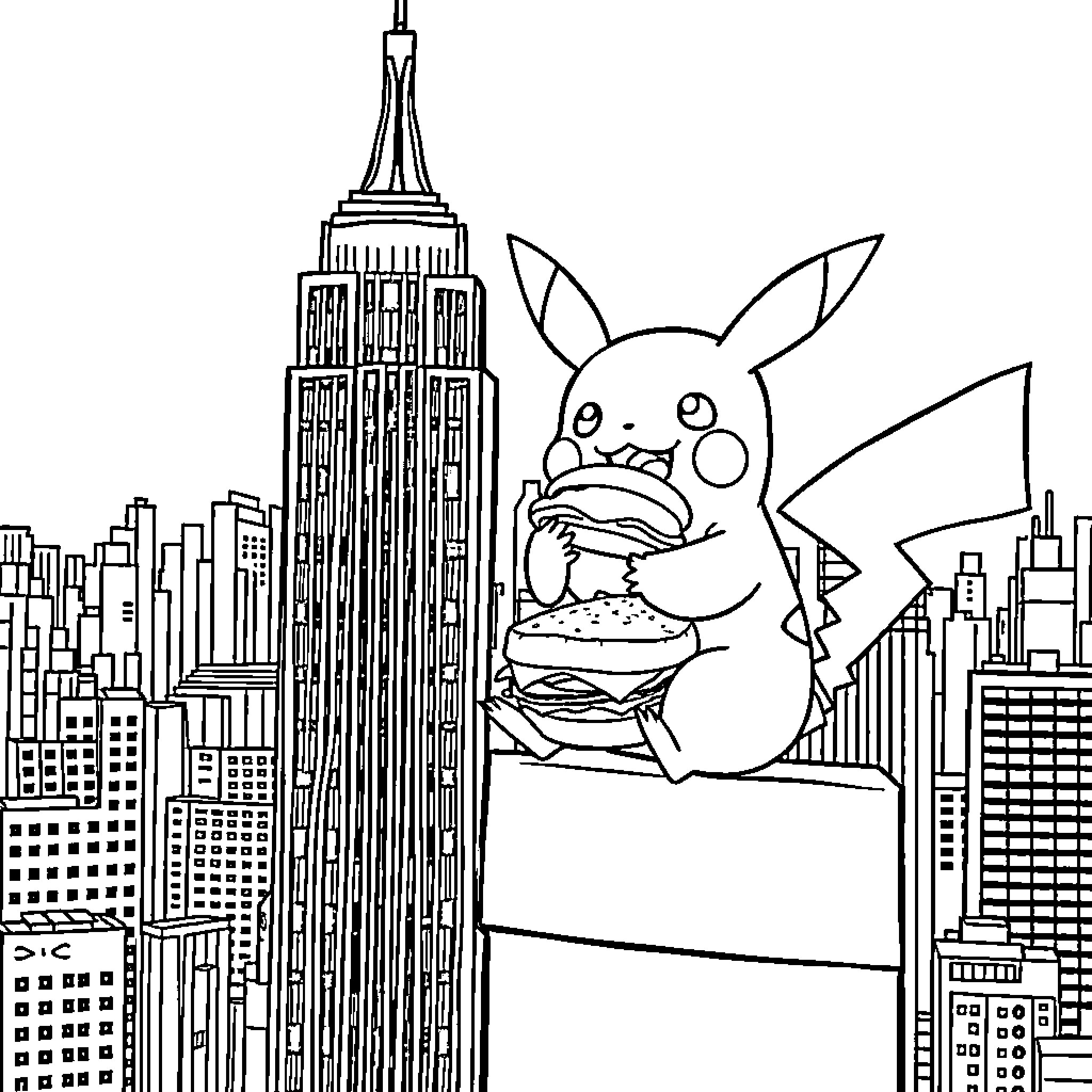 Pikachu eating a giant burger in the city Coloring Page (free black-and-white line drawing printable PDF for all, from beginners to advanced learners, including children, teens, adults, and seniors)