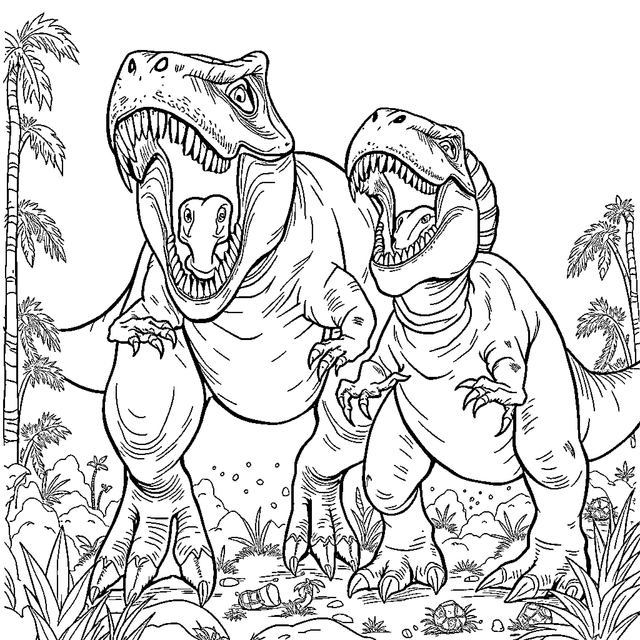 Indominus Rex Dinosaurs Roaring in Prehistoric Landscape Coloring Page (free black-and-white line drawing printable PDF for all, from beginners to advanced learners, including children, teens, adults, and seniors)