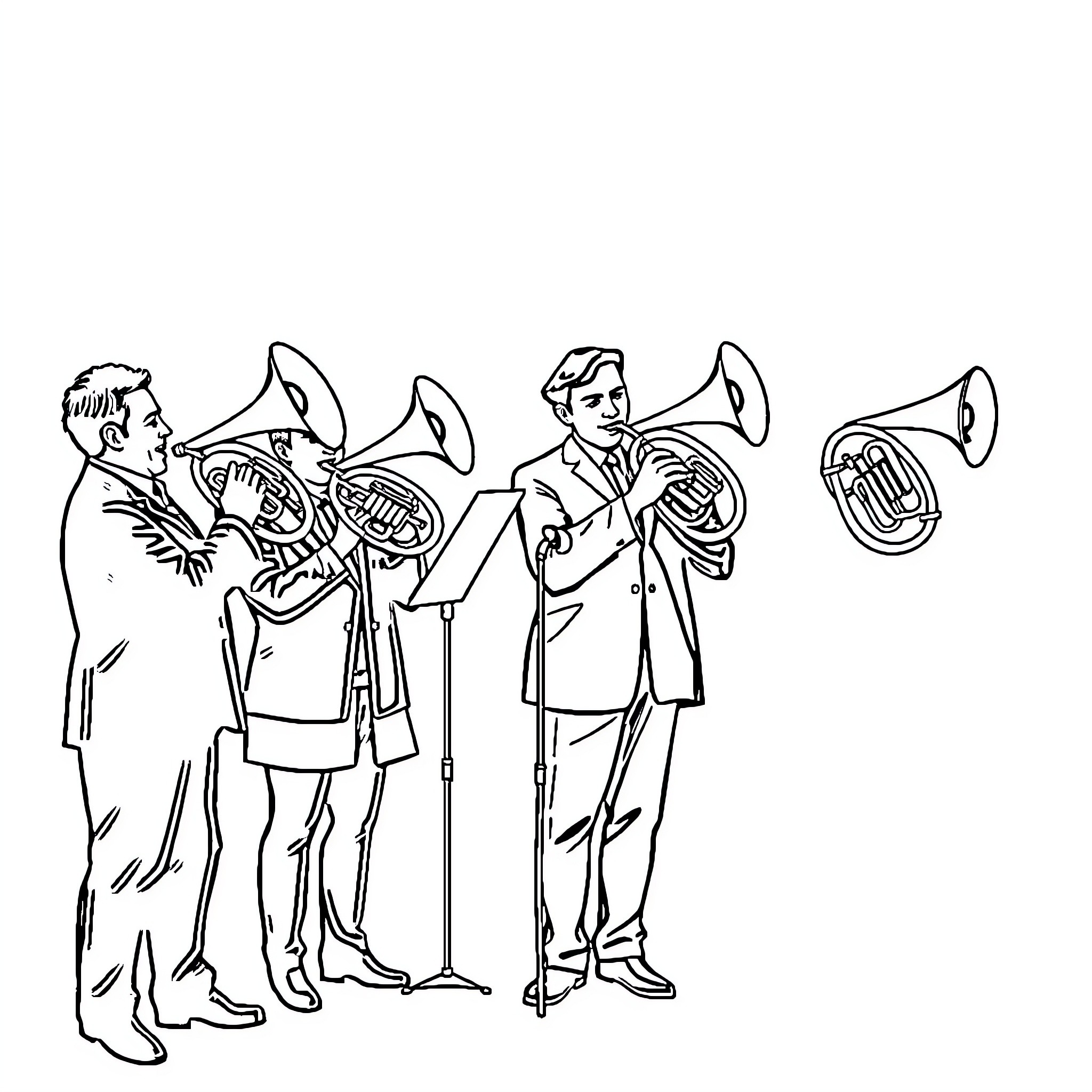 French Horn Musicians Performing Together Coloring Page (free black-and-white line drawing printable PDF for all, from beginners to advanced learners, including children, teens, adults, and seniors)