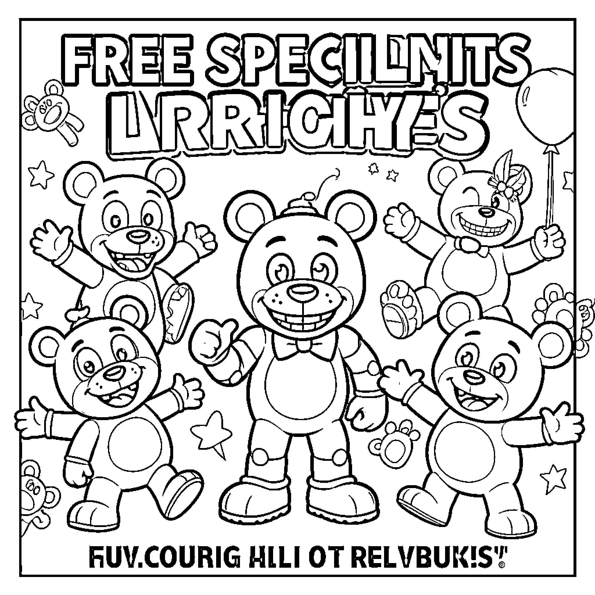 Five Nights At Freddy's characters smiling and posing together Coloring Page (free black-and-white line drawing printable PDF for all, from beginners to advanced learners, including children, teens, adults, and seniors)