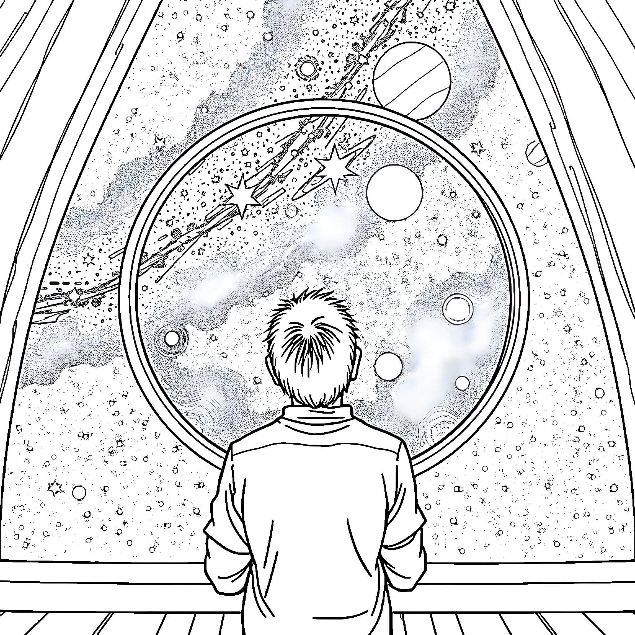 Man gazing at the cosmos through the window Coloring Page (free black-and-white line drawing printable PDF for all, from beginners to advanced learners, including children, teens, adults, and seniors)