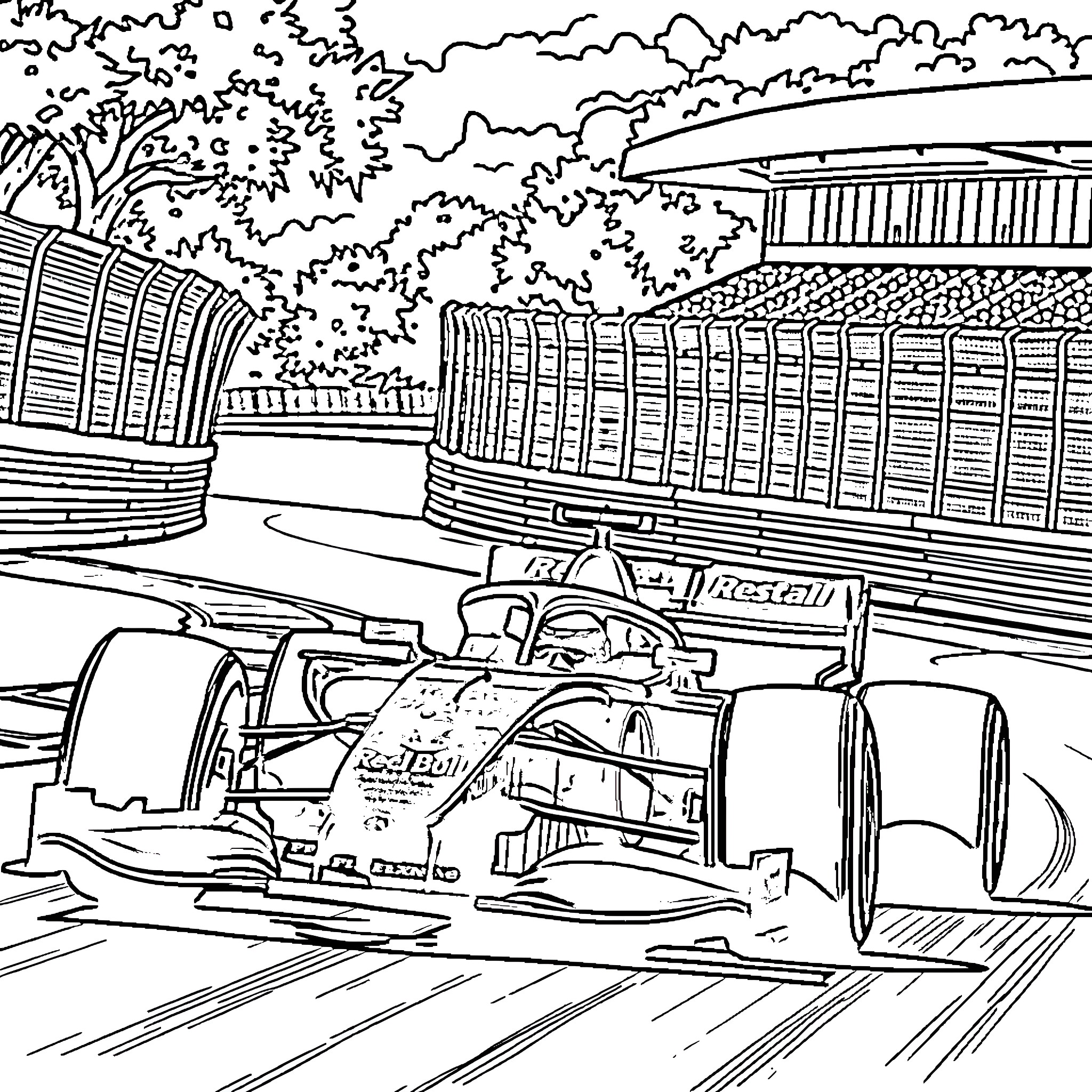 Bull Racing Car Speeding on the Circuit Coloring Page (free black-and-white line drawing printable PDF for all, from beginners to advanced learners, including children, teens, adults, and seniors)