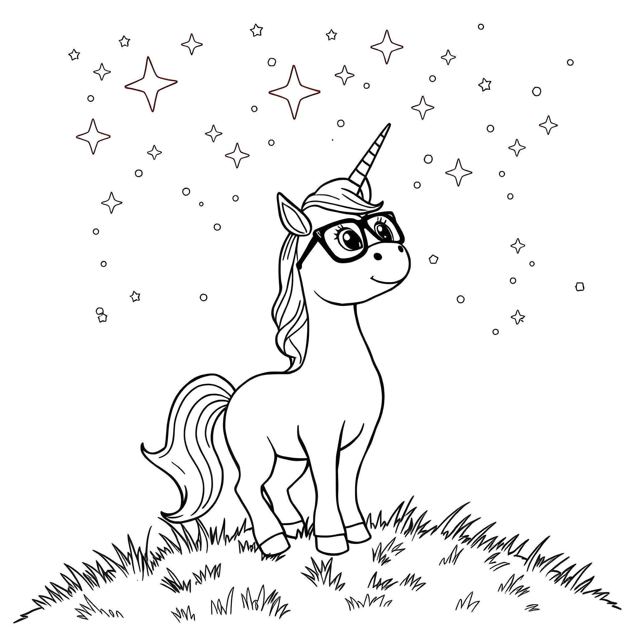 Unicorn gazing at sparkling stars in the night sky Coloring Page (free black-and-white line drawing printable PDF for all, from beginners to advanced learners, including children, teens, adults, and seniors)