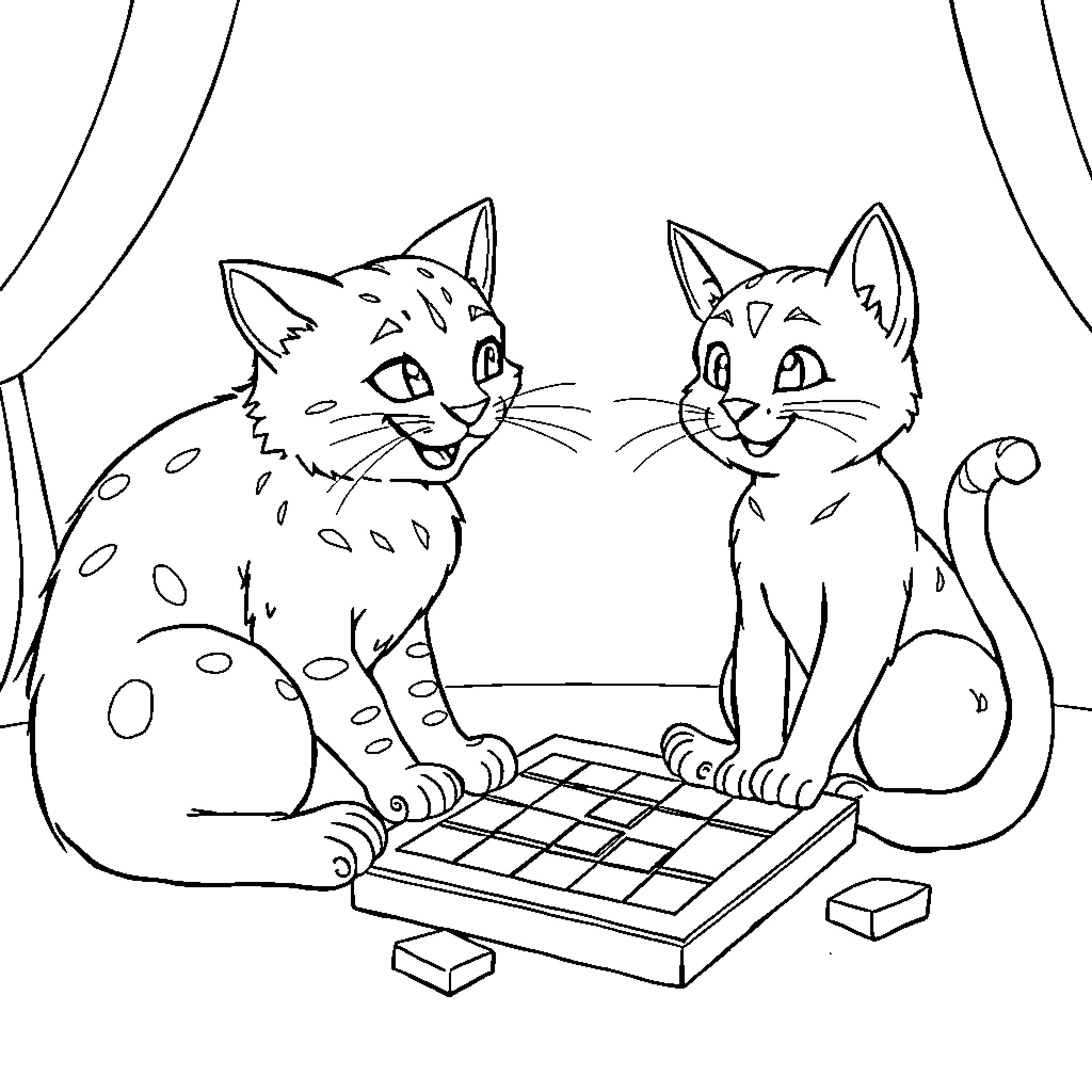 Wildcat Companions Playing Checkers Coloring Page (free black-and-white line drawing printable PDF for all, from beginners to advanced learners, including children, teens, adults, and seniors)