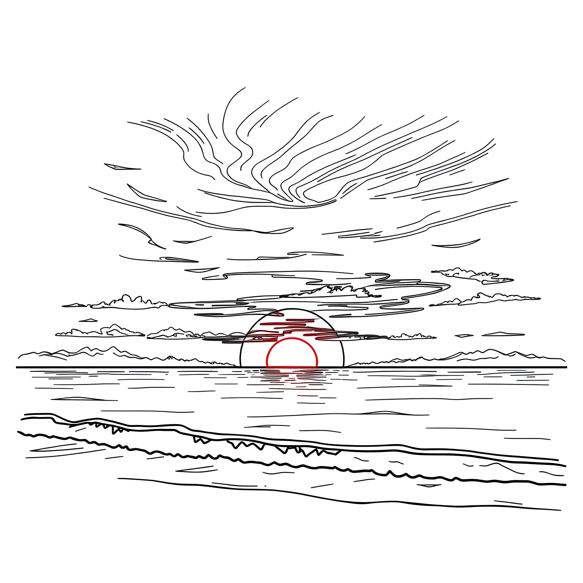 Sunset over tranquil seascape Coloring Page (free black-and-white line drawing printable PDF for all, from beginners to advanced learners, including children, teens, adults, and seniors)