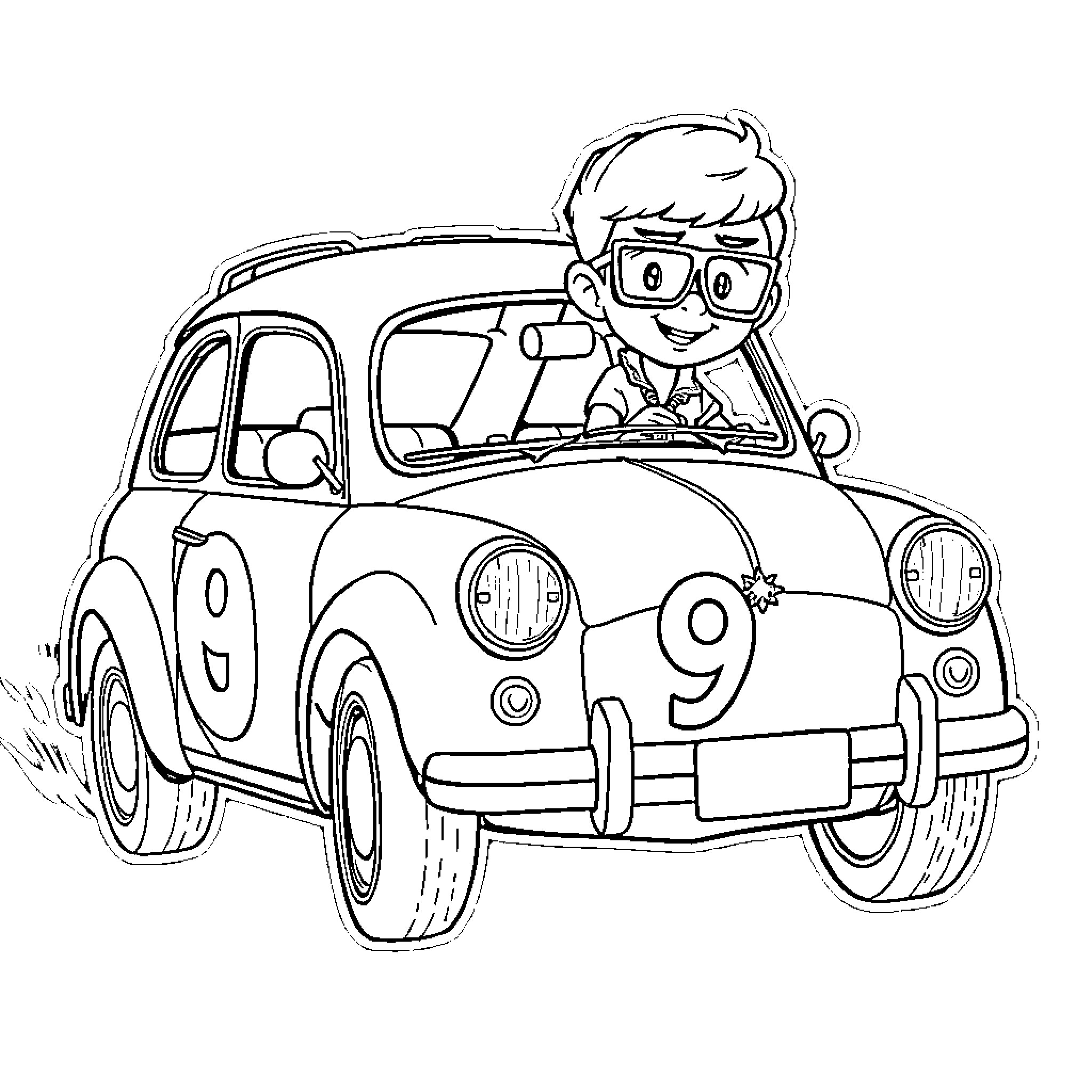Herbie the lovable race car driver Coloring Page (free black-and-white line drawing printable PDF for all, from beginners to advanced learners, including children, teens, adults, and seniors)