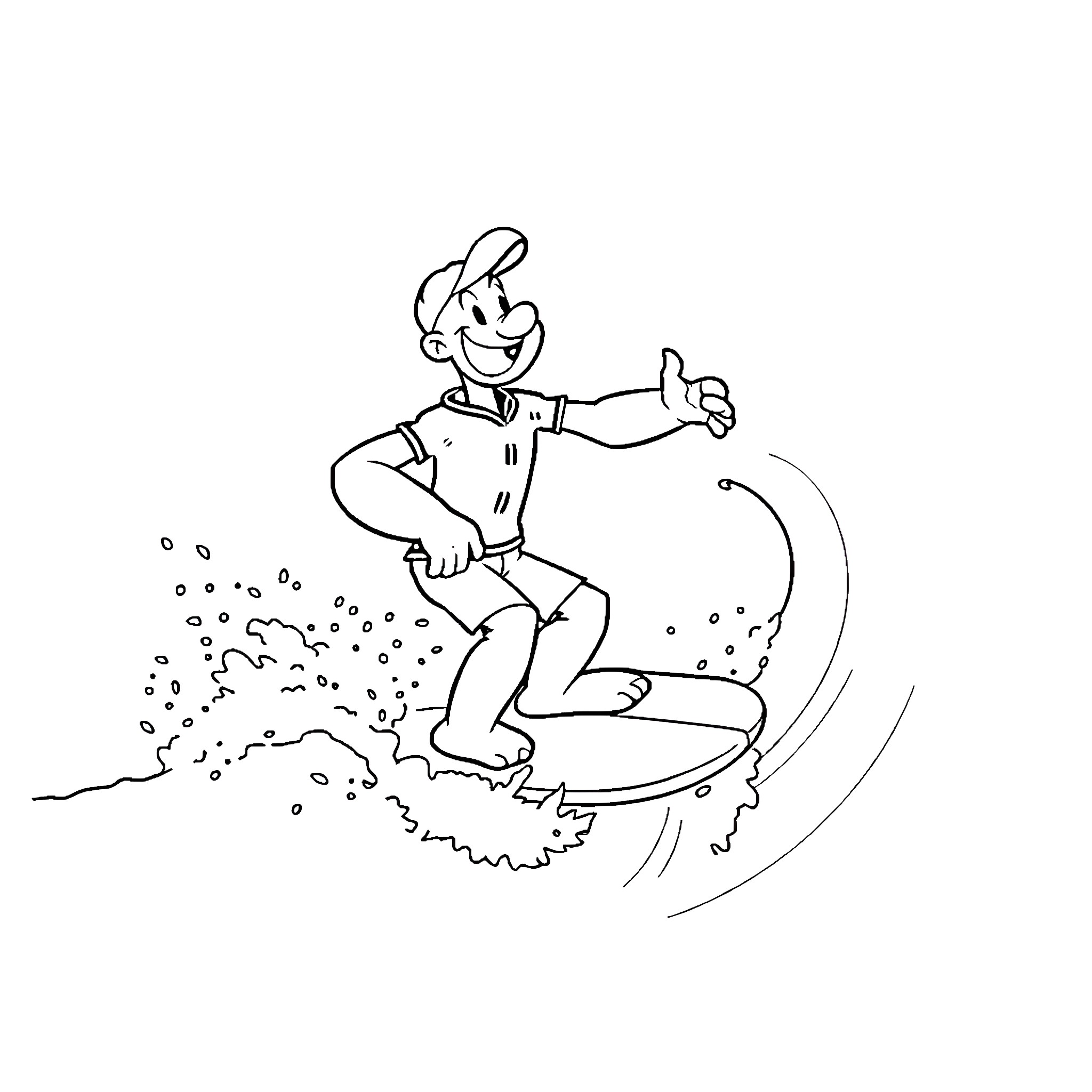 Popeye surfing and having fun Coloring Page (free black-and-white line drawing printable PDF for all, from beginners to advanced learners, including children, teens, adults, and seniors)