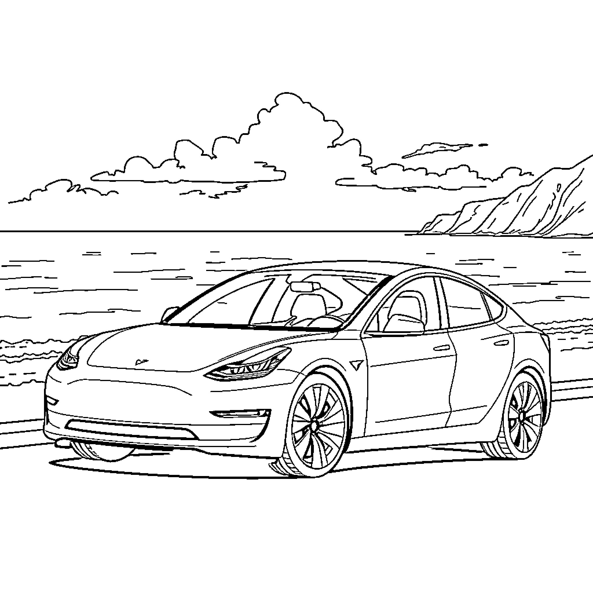 Tesla electric vehicle on the beach Coloring Page (free black-and-white line drawing printable PDF for all, from beginners to advanced learners, including children, teens, adults, and seniors)