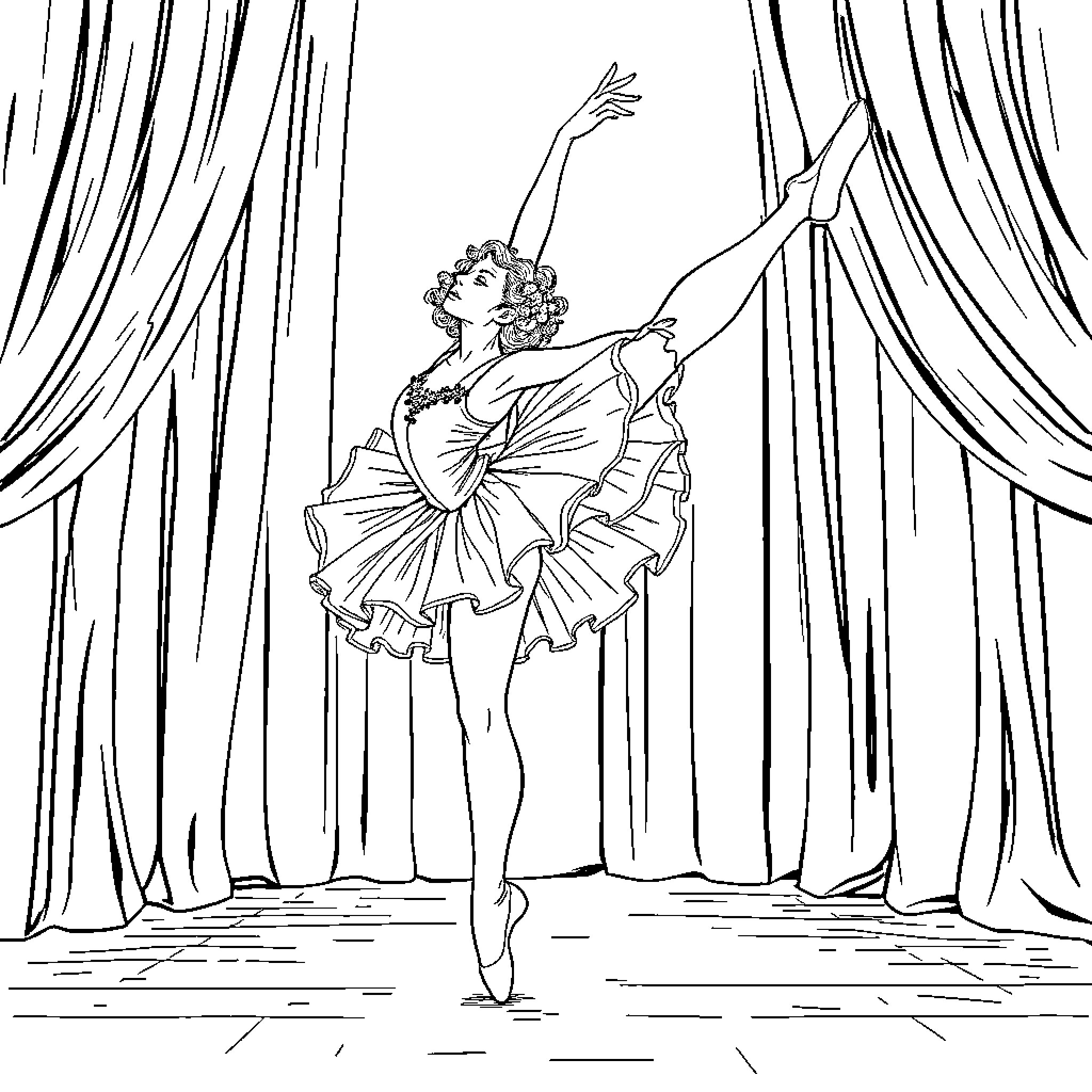 Ballerina performing on stage with grace and poise Coloring Page (free black-and-white line drawing printable PDF for all, from beginners to advanced learners, including children, teens, adults, and seniors)