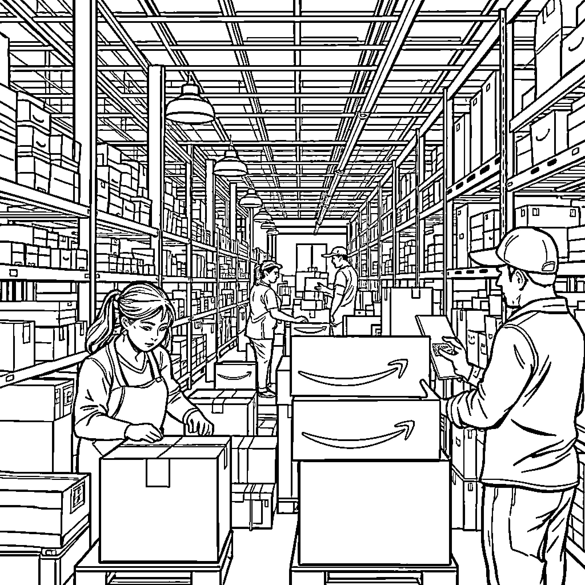 Amazon Worker Handling Orders in Warehouse Coloring Page (free black-and-white line drawing printable PDF for all, from beginners to advanced learners, including children, teens, adults, and seniors)