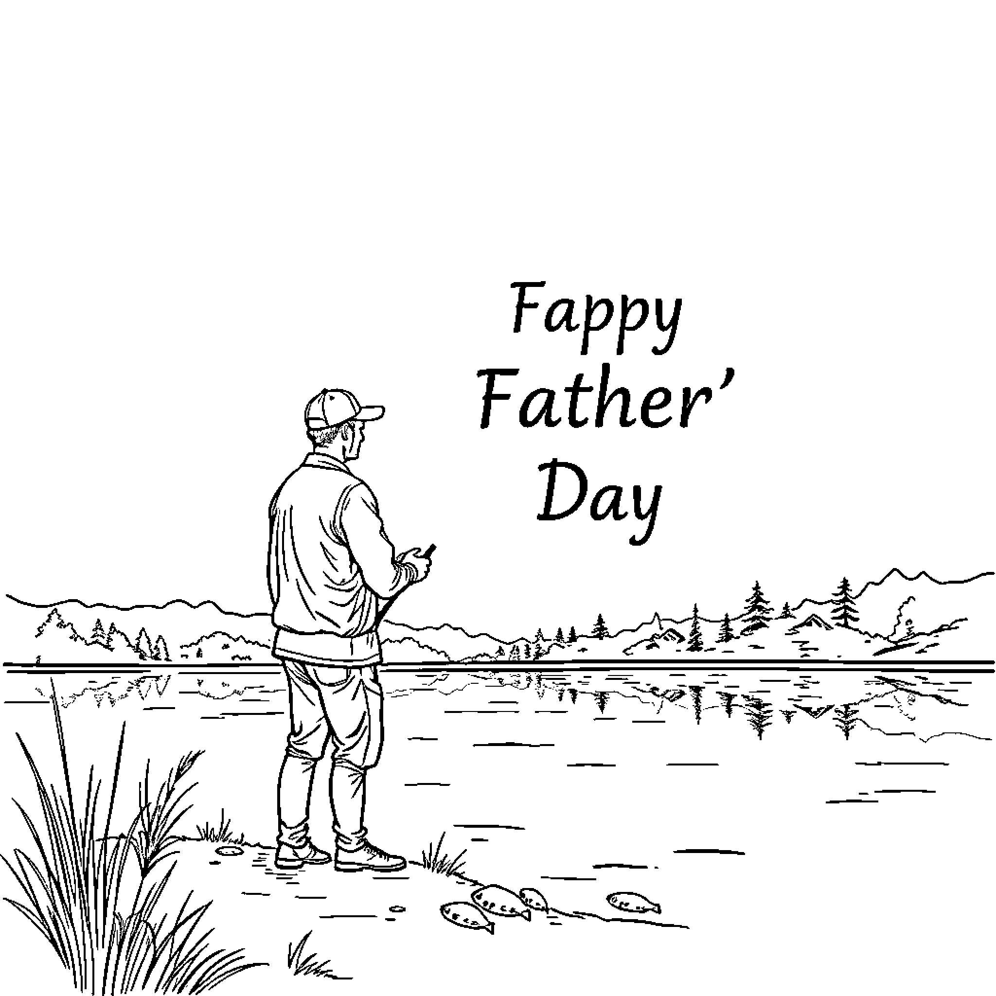 Fishing outdoors on Father's Day Coloring Page (free black-and-white line drawing printable PDF for all, from beginners to advanced learners, including children, teens, adults, and seniors)