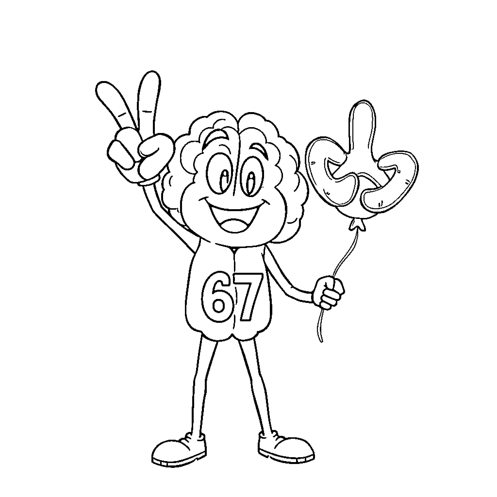 Character making playful gestures with balloons Coloring Page (free black-and-white line drawing printable PDF for all, from beginners to advanced learners, including children, teens, adults, and seniors)