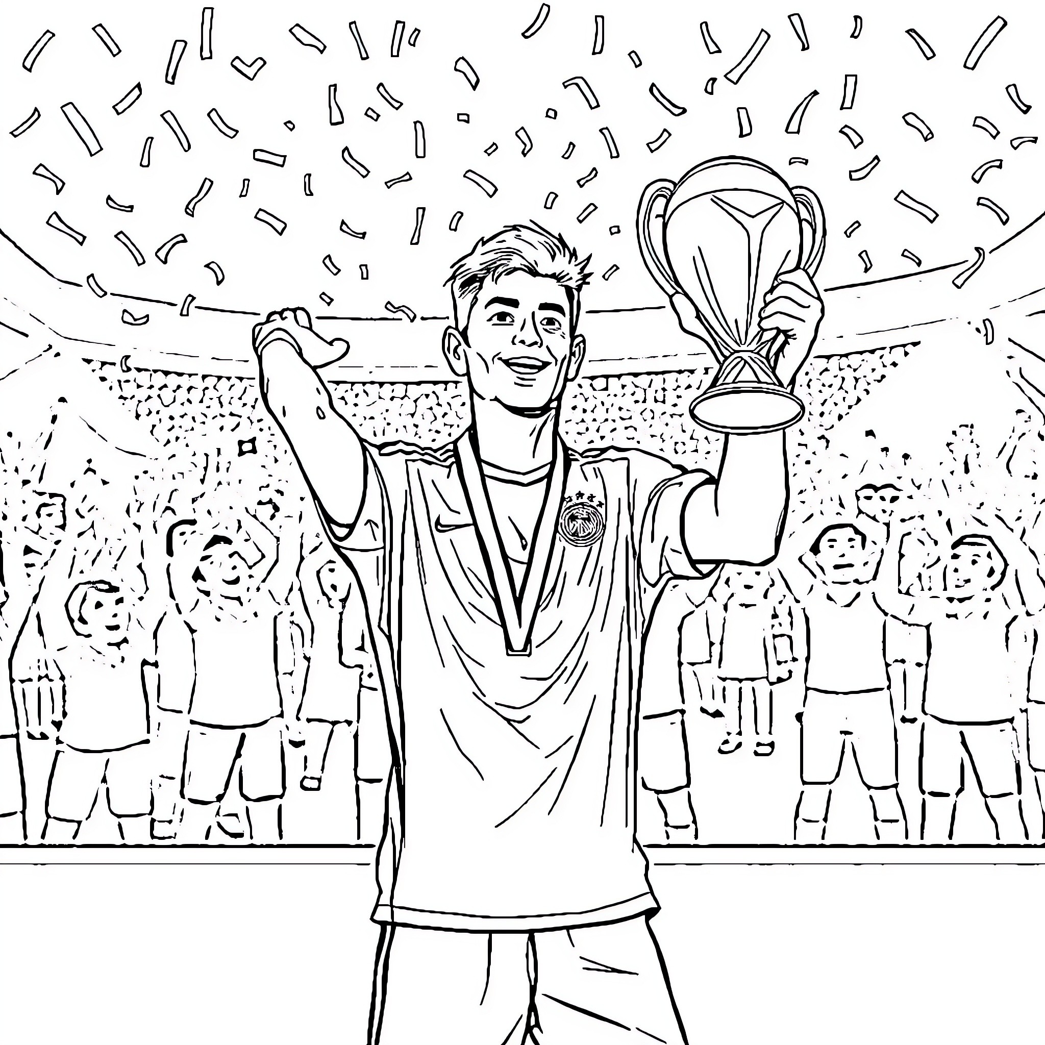 Soccer Player Celebrating Victory and Trophy Coloring Page (free black-and-white line drawing printable PDF for all, from beginners to advanced learners, including children, teens, adults, and seniors)