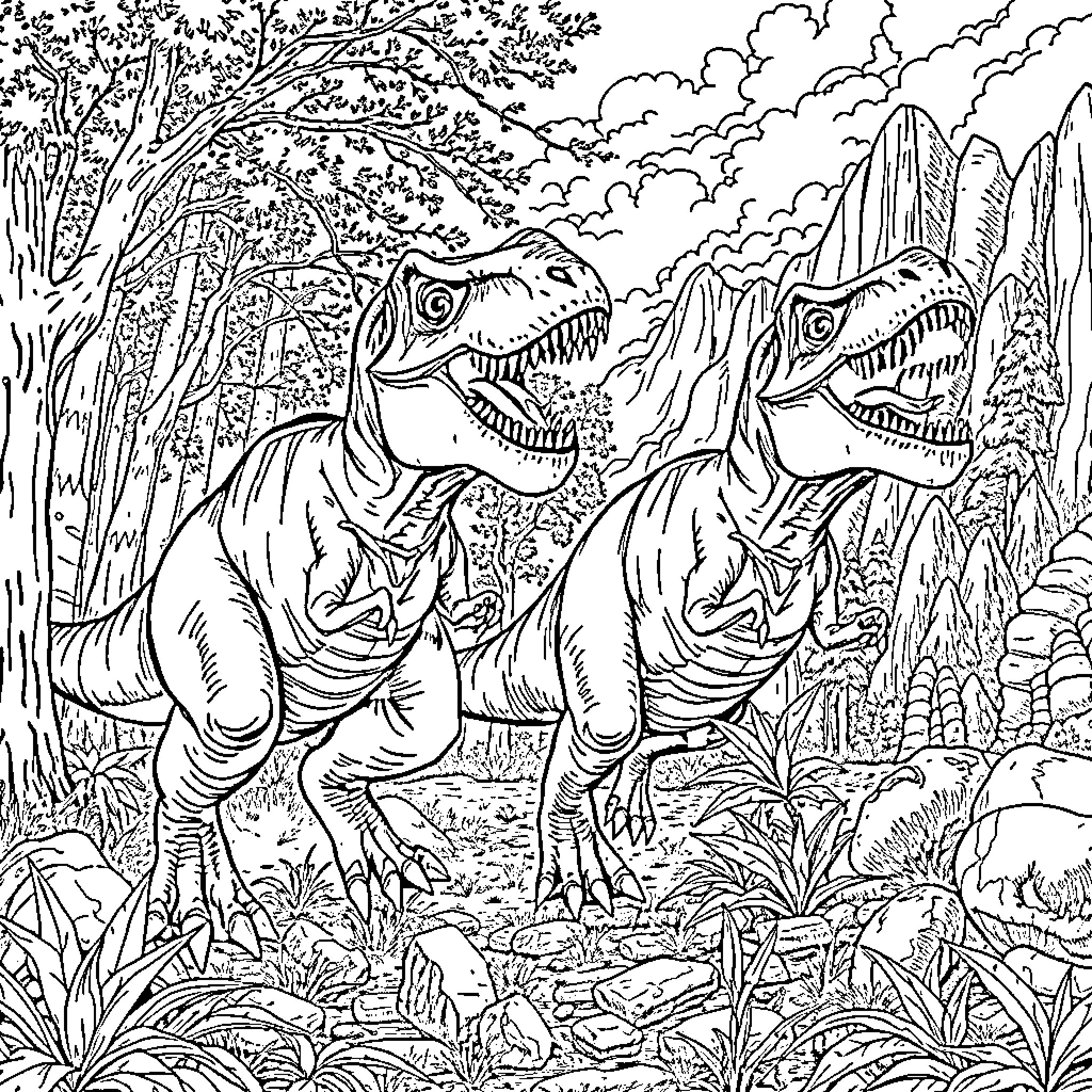 Tyrannosaurus Rex Encounter in Prehistoric Jungle Coloring Page (free black-and-white line drawing printable PDF for all, from beginners to advanced learners, including children, teens, adults, and seniors)