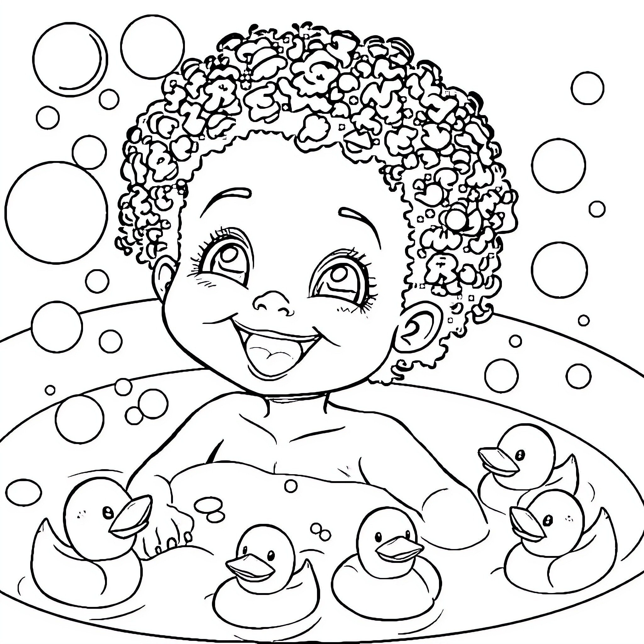 Girl playing with ducks in bubble bath Coloring Page (free black-and-white line drawing printable PDF for all, from beginners to advanced learners, including children, teens, adults, and seniors)