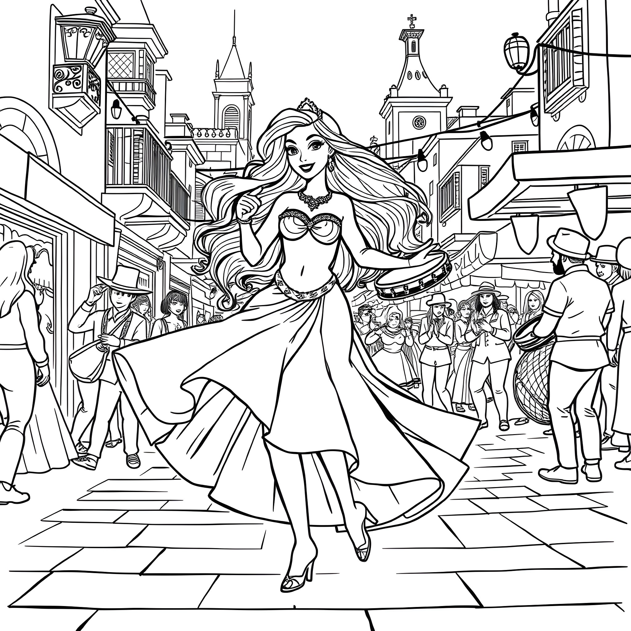 Esmeralda's Radiant Dance through a Vibrant City Coloring Page (free black-and-white line drawing printable PDF for all, from beginners to advanced learners, including children, teens, adults, and seniors)