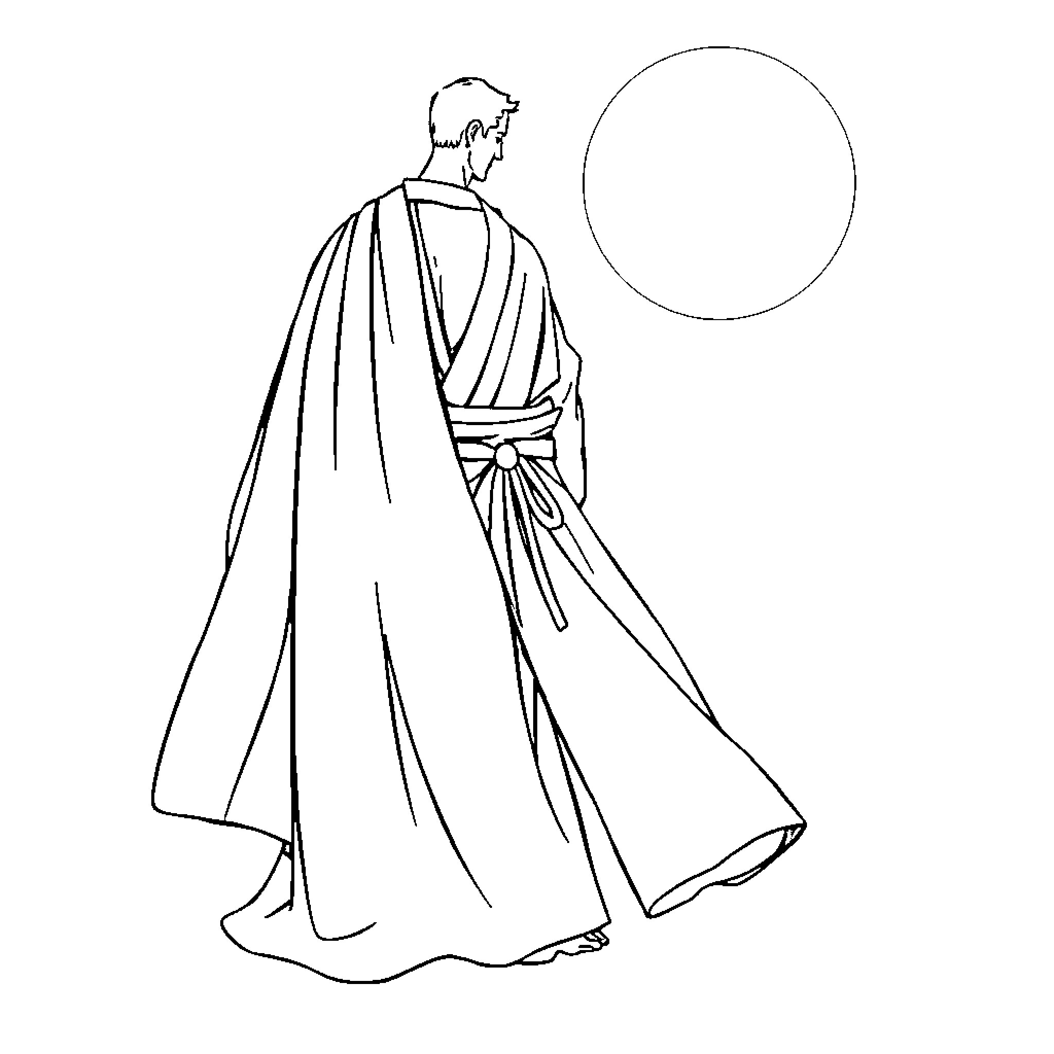 Toga-clad figure walking under the moon Coloring Page (free black-and-white line drawing printable PDF for all, from beginners to advanced learners, including children, teens, adults, and seniors)