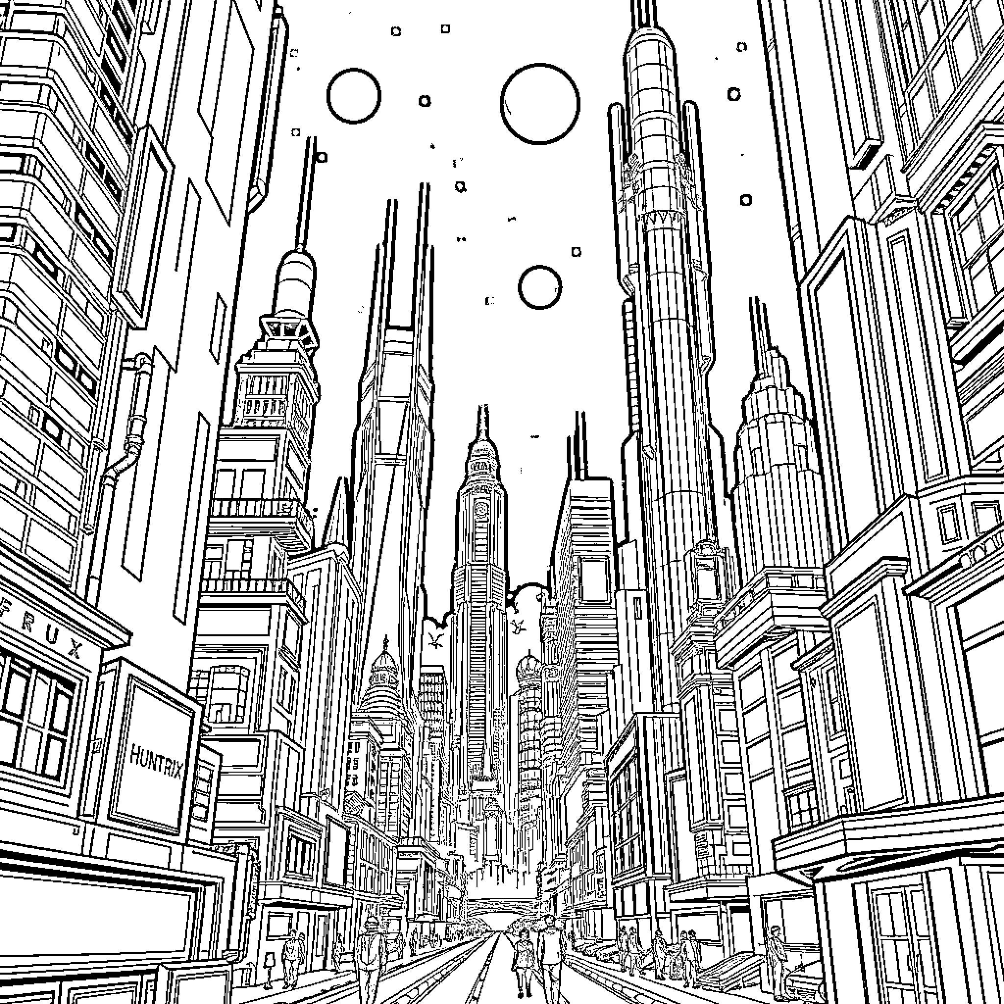 Huntrix Cityscape Skyline - Futuristic Urban Metropolis Coloring Page (free black-and-white line drawing printable PDF for all, from beginners to advanced learners, including children, teens, adults, and seniors)