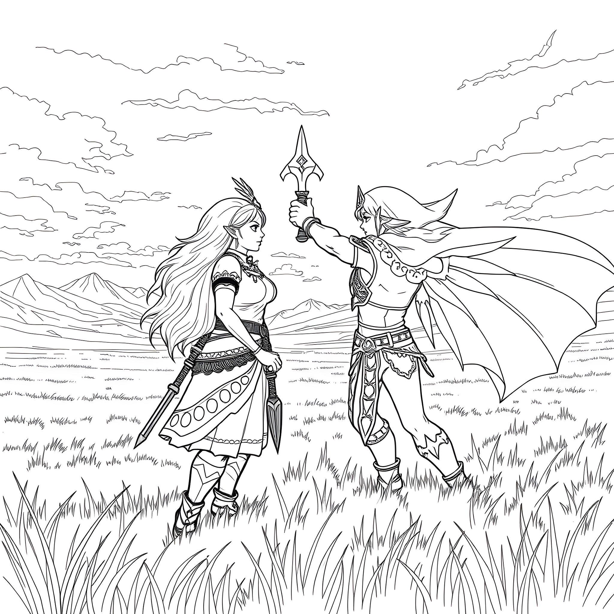 Urbosa and Impa engaged in combat on the grasslands Coloring Page (free black-and-white line drawing printable PDF for all, from beginners to advanced learners, including children, teens, adults, and seniors)