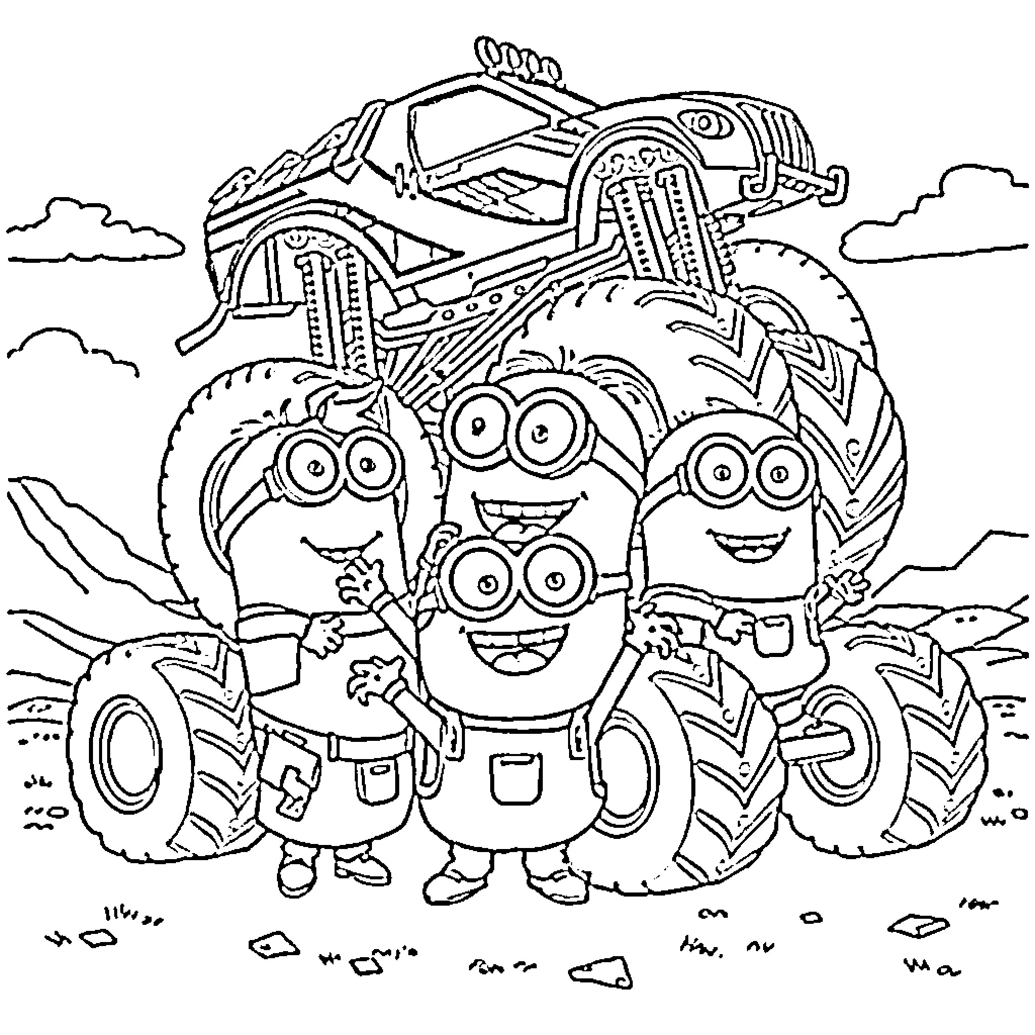 Minions operating a monstrous truck in the countryside Coloring Page (free black-and-white line drawing printable PDF for all, from beginners to advanced learners, including children, teens, adults, and seniors)