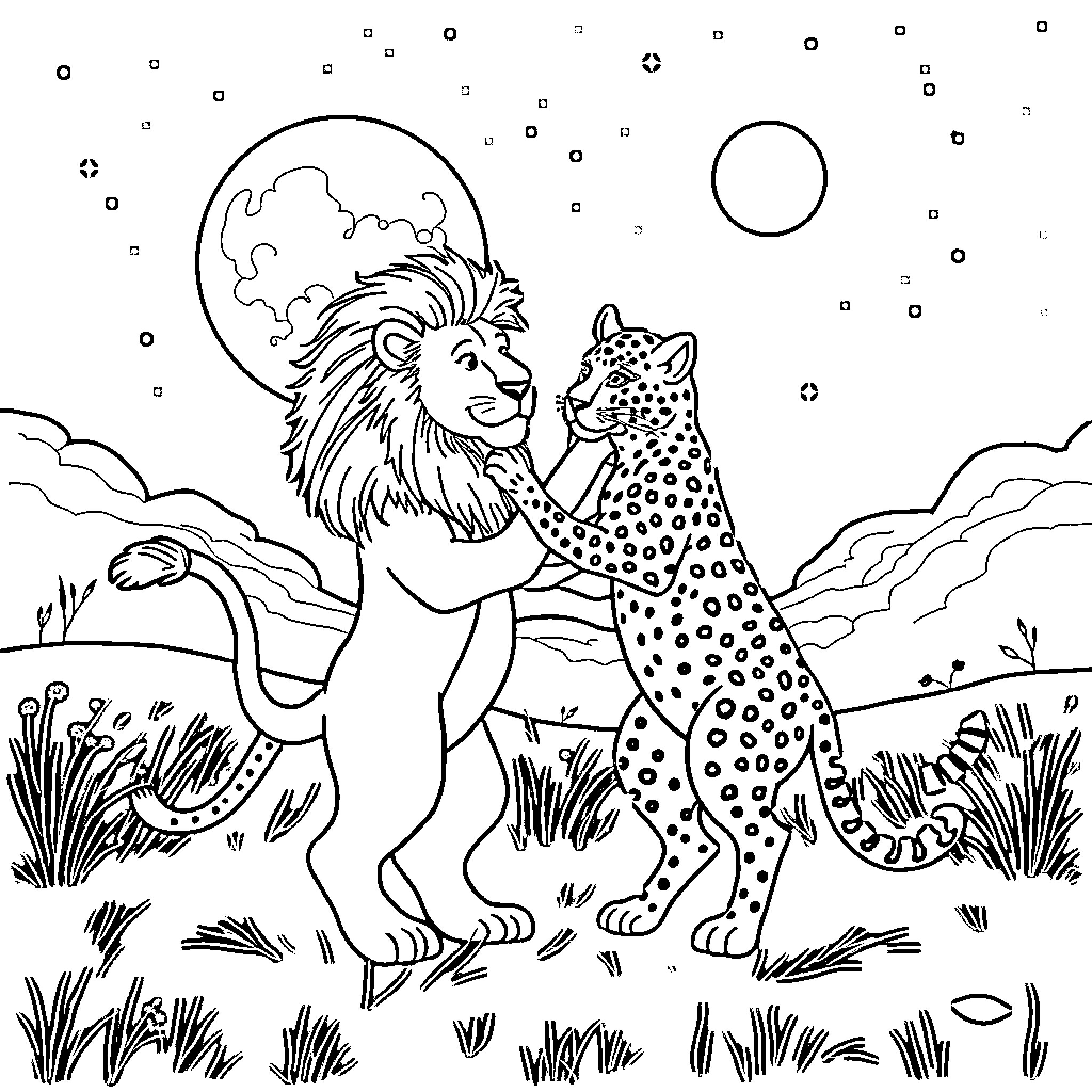 Lion and cheetah in moonlit savanna Coloring Page (free black-and-white line drawing printable PDF for all, from beginners to advanced learners, including children, teens, adults, and seniors)