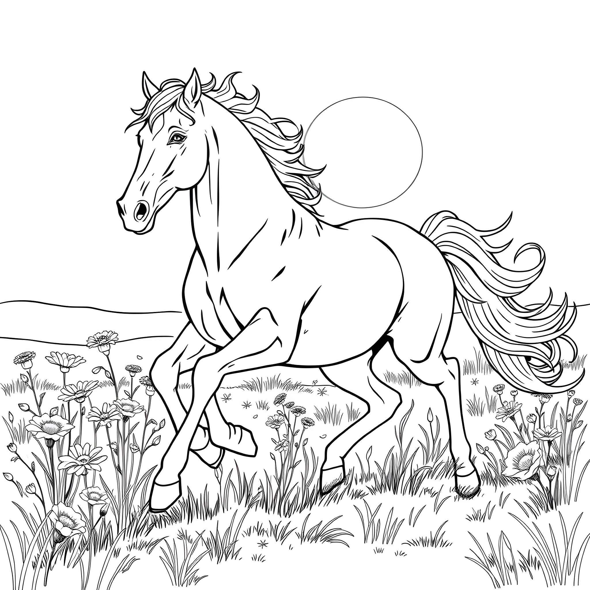Horse galloping through a meadow of flowers Coloring Page (free black-and-white line drawing printable PDF for all, from beginners to advanced learners, including children, teens, adults, and seniors)