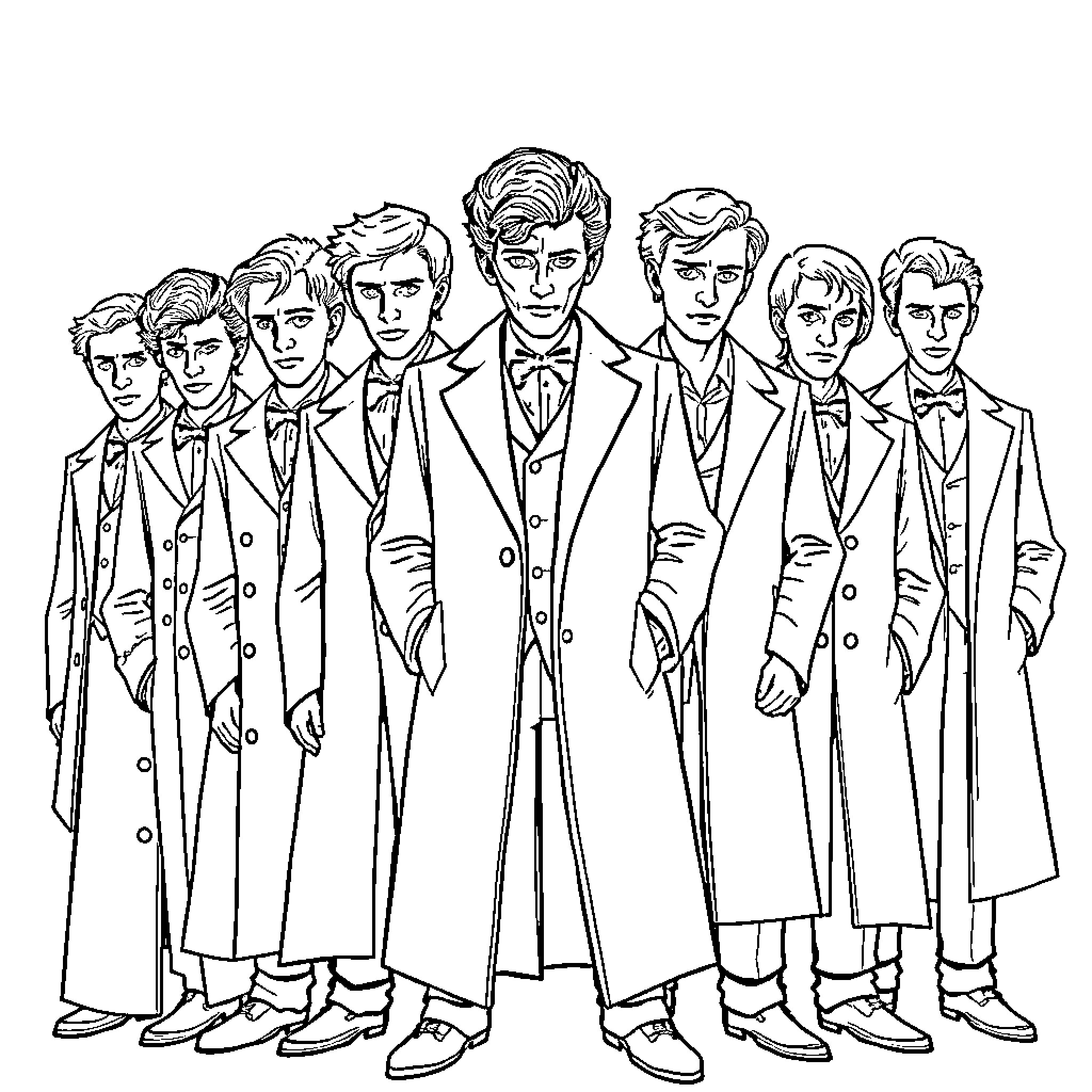 Doctor Examining a Group of Men in Formal Attire Coloring Page (free black-and-white line drawing printable PDF for all, from beginners to advanced learners, including children, teens, adults, and seniors)