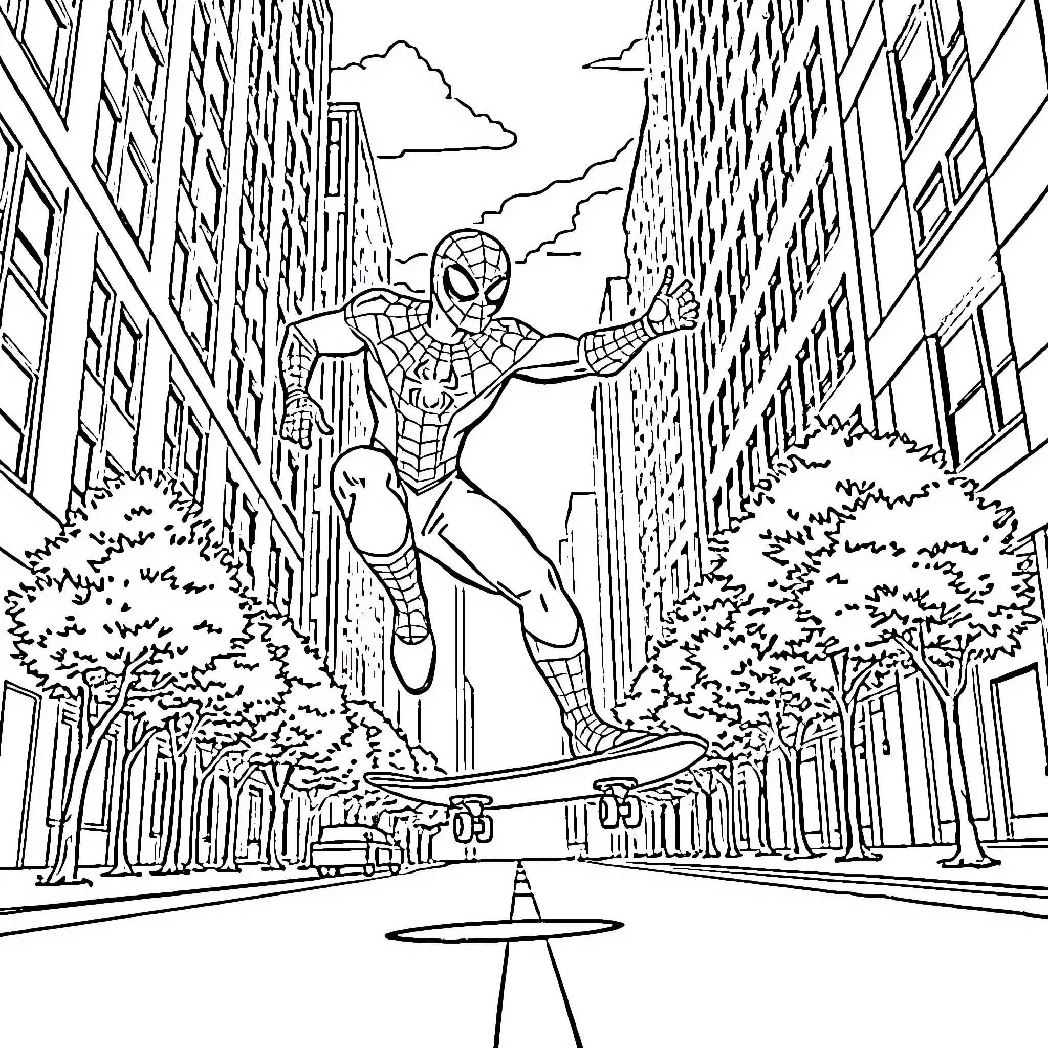 Spiderman swinging through the city on his web Coloring Page (free black-and-white line drawing printable PDF for all, from beginners to advanced learners, including children, teens, adults, and seniors)