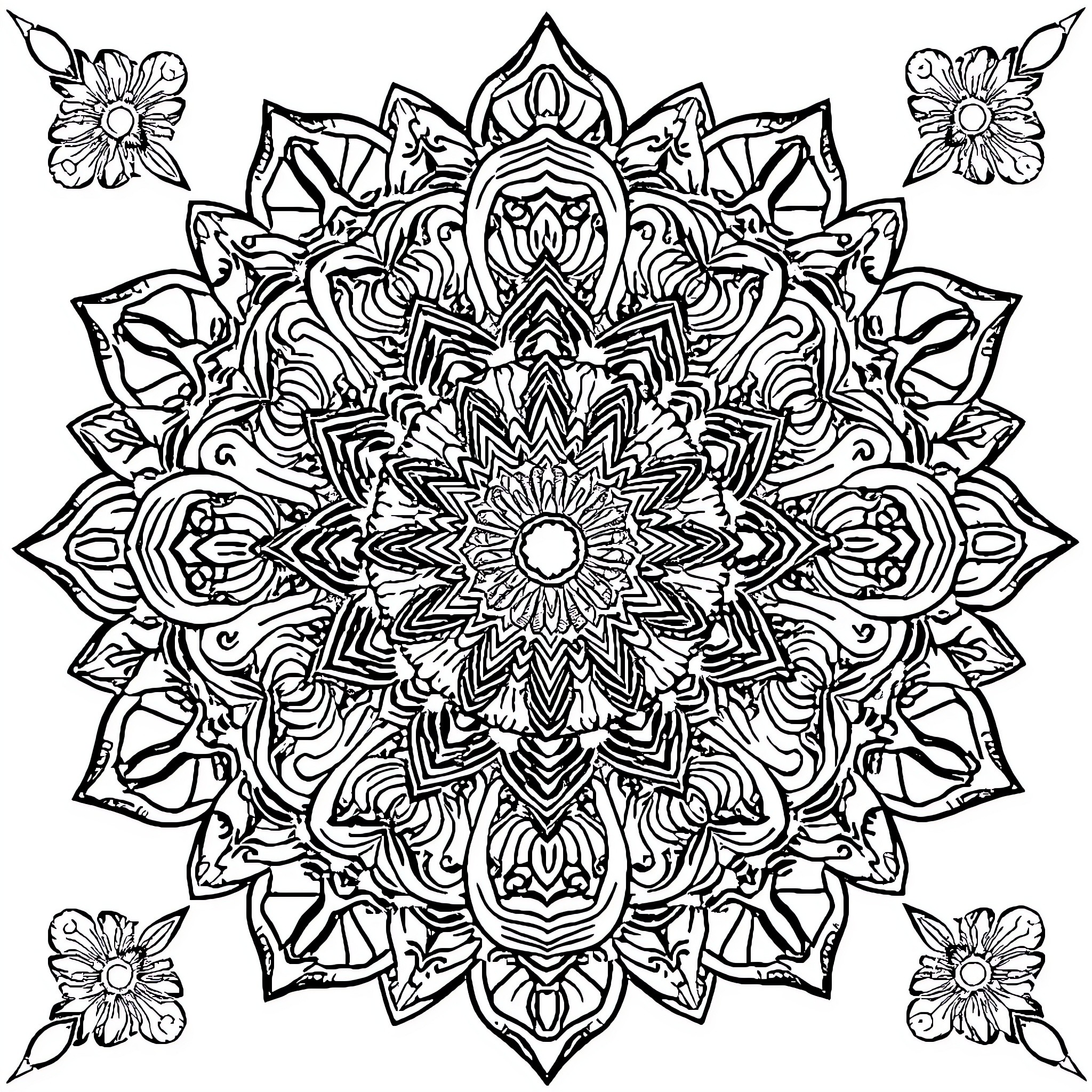 Mandala with intricate floral patterns and symmetry Coloring Page (free black-and-white line drawing printable PDF for all, from beginners to advanced learners, including children, teens, adults, and seniors)