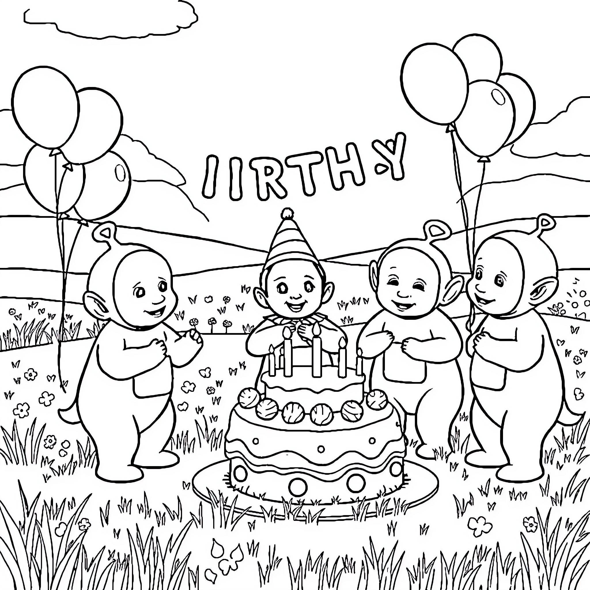 Teletubbies celebrating a birthday party outdoors Coloring Page (free black-and-white line drawing printable PDF for all, from beginners to advanced learners, including children, teens, adults, and seniors)