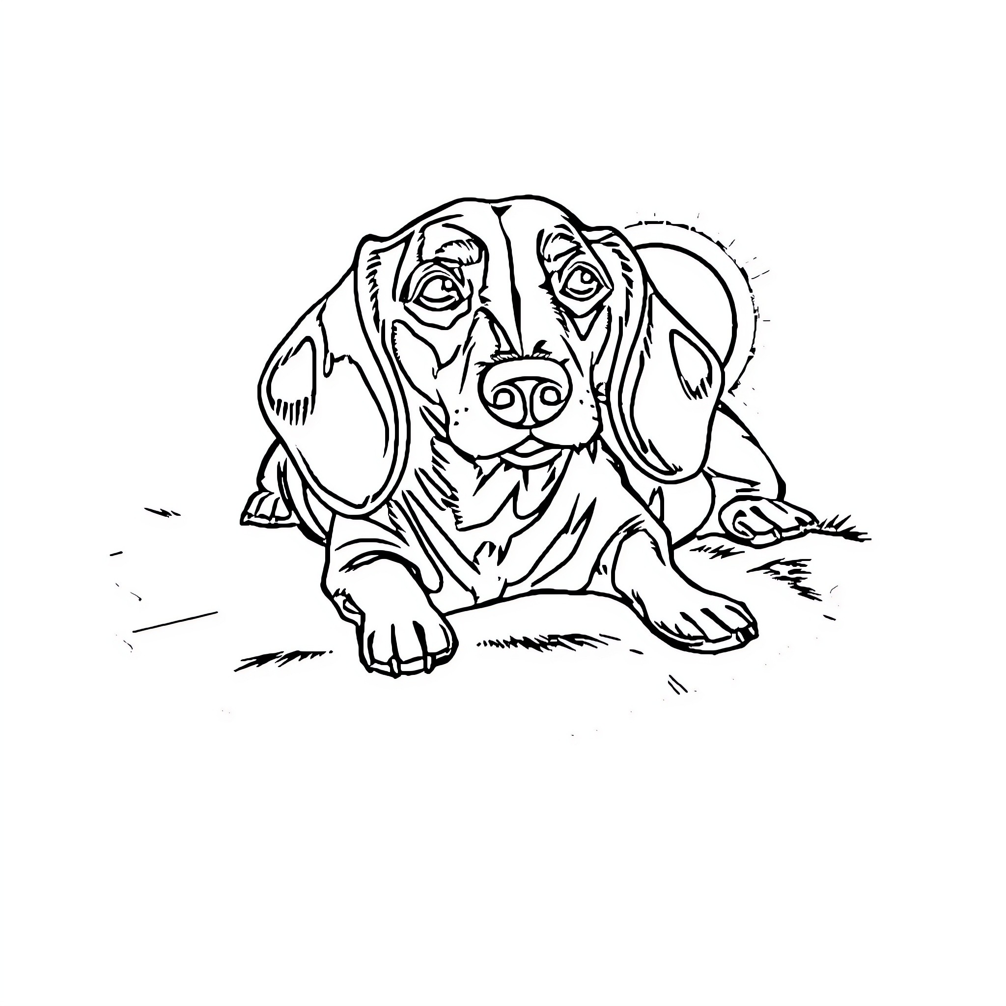 Dachshund resting peacefully outdoors Coloring Page (free black-and-white line drawing printable PDF for all, from beginners to advanced learners, including children, teens, adults, and seniors)