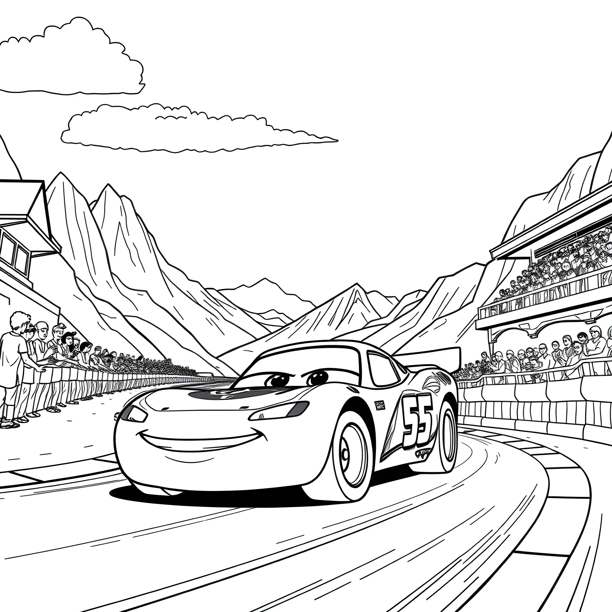 Lightning McQueen racing through a mountainous landscape Coloring Page (free black-and-white line drawing printable PDF for all, from beginners to advanced learners, including children, teens, adults, and seniors)