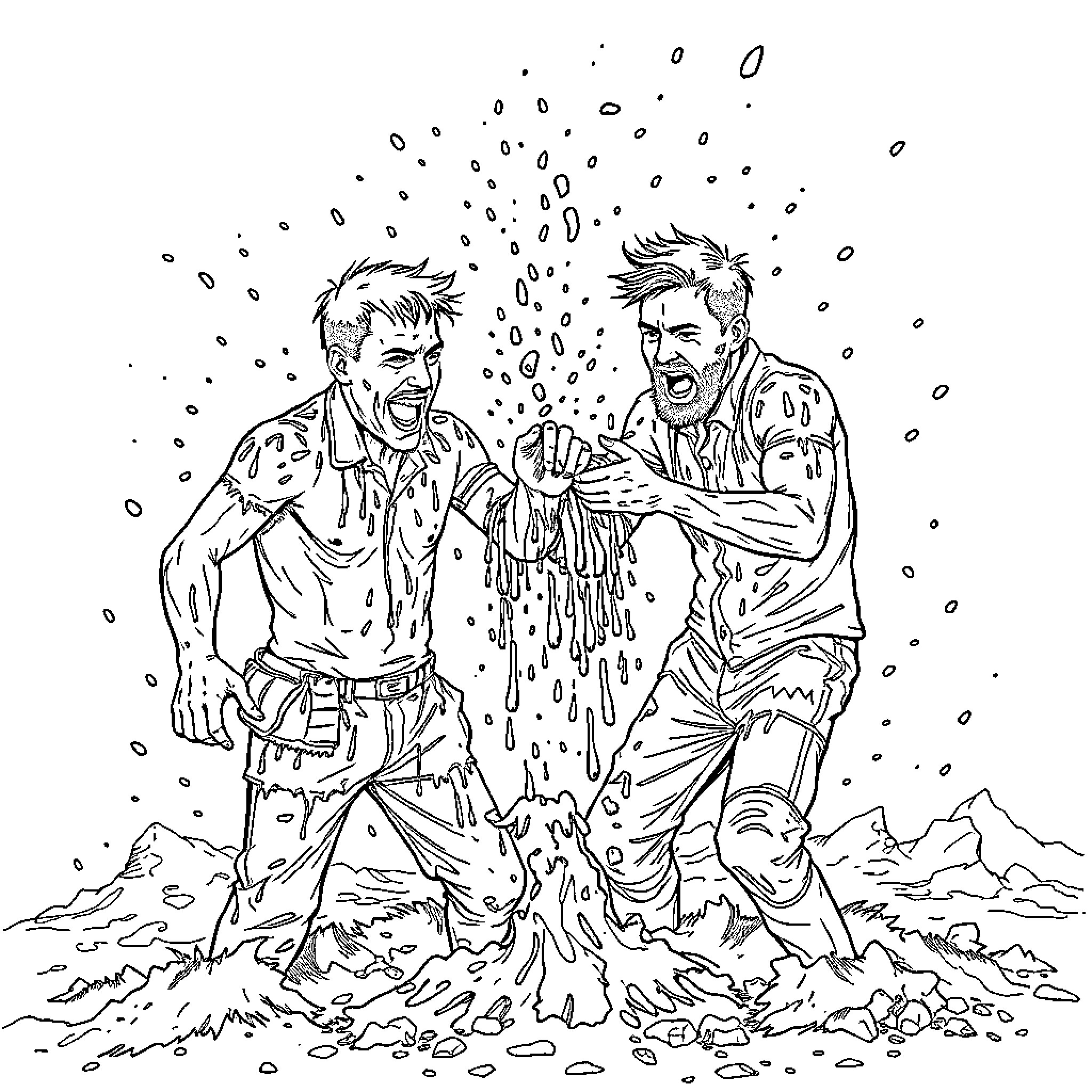 Men Battling Against Snow Storm in the Mountains Coloring Page (free black-and-white line drawing printable PDF for all, from beginners to advanced learners, including children, teens, adults, and seniors)