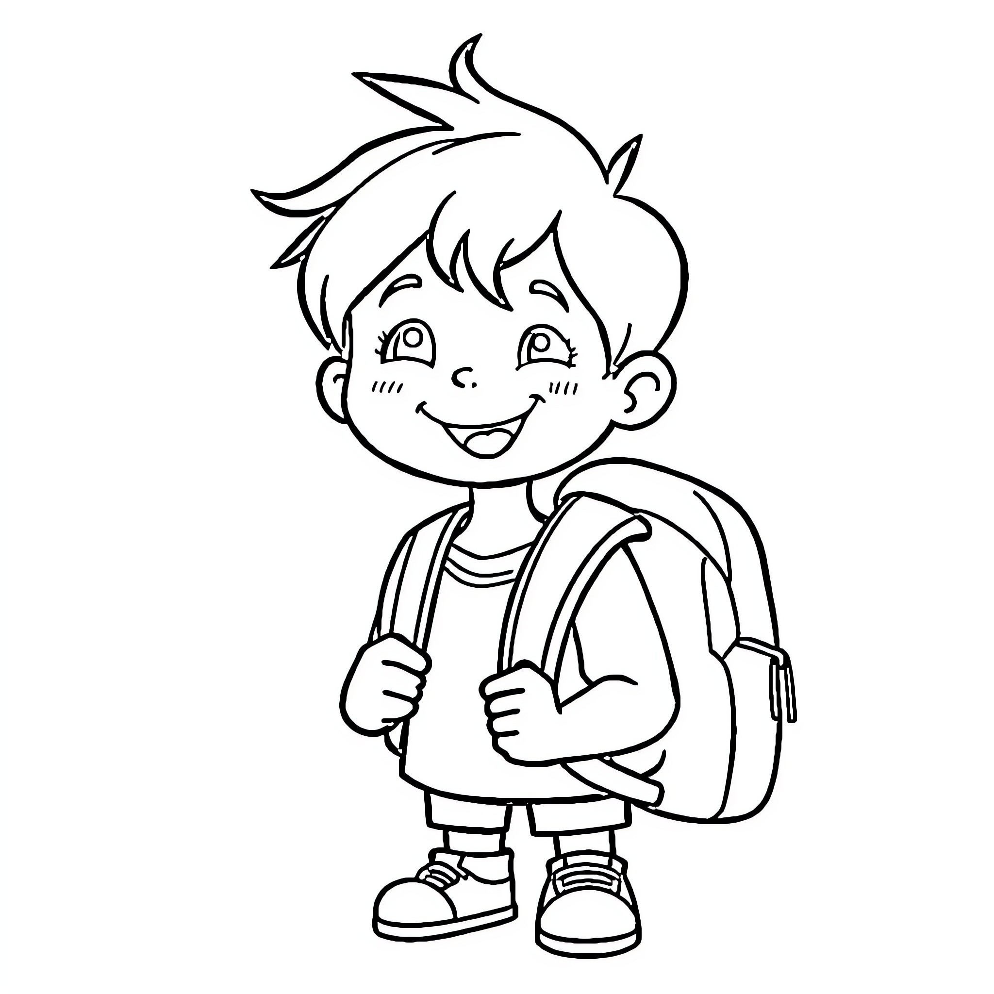 Child with backpack smiling happily Coloring Page (free black-and-white line drawing printable PDF for all, from beginners to advanced learners, including children, teens, adults, and seniors)