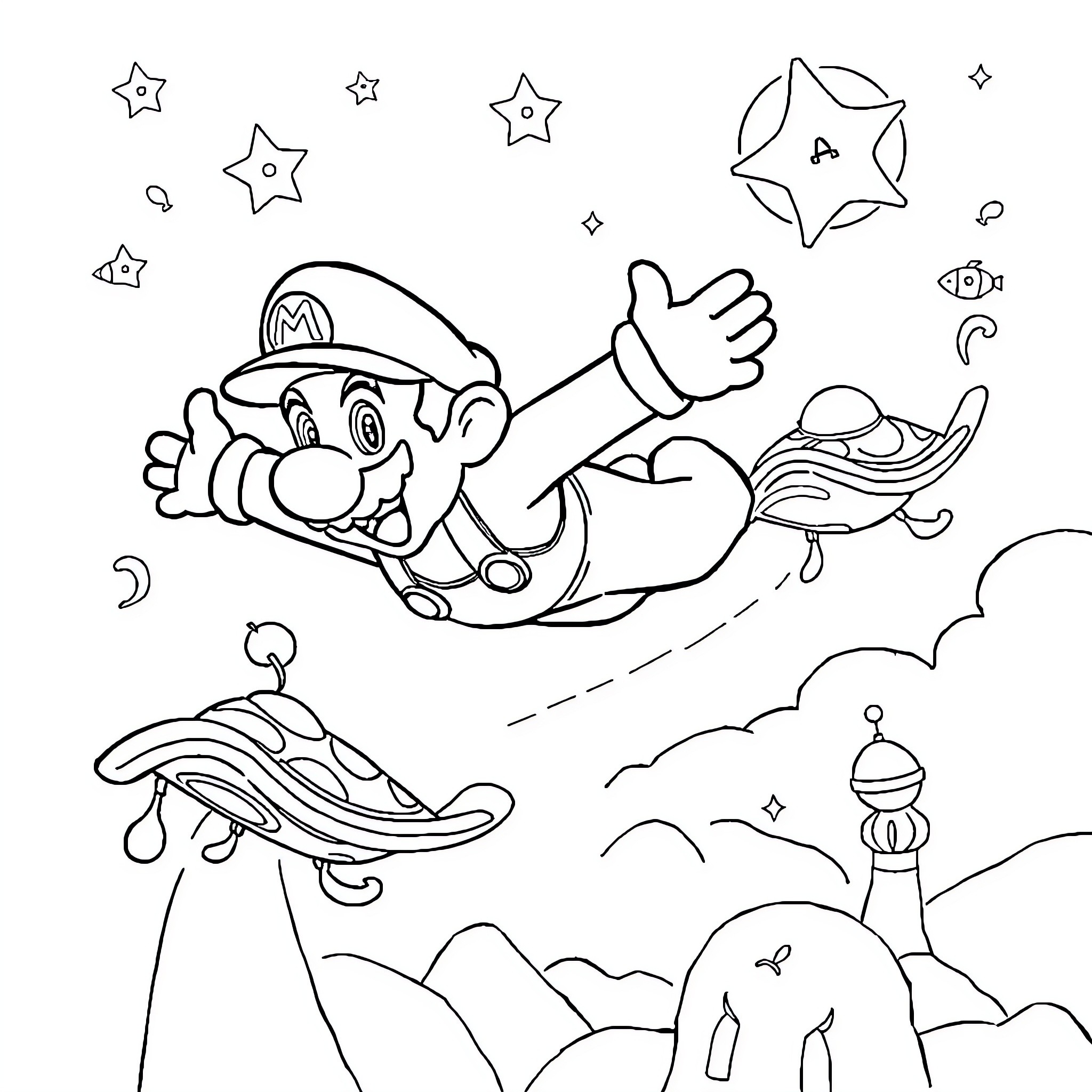 Mario floating in the sky with magical stars Coloring Page (free black-and-white line drawing printable PDF for all, from beginners to advanced learners, including children, teens, adults, and seniors)
