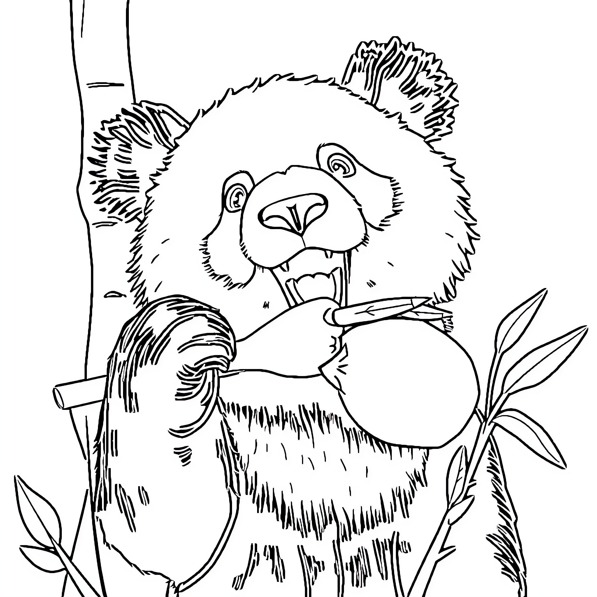 Panda eating bamboo in the forest Coloring Page (free black-and-white line drawing printable PDF for all, from beginners to advanced learners, including children, teens, adults, and seniors)