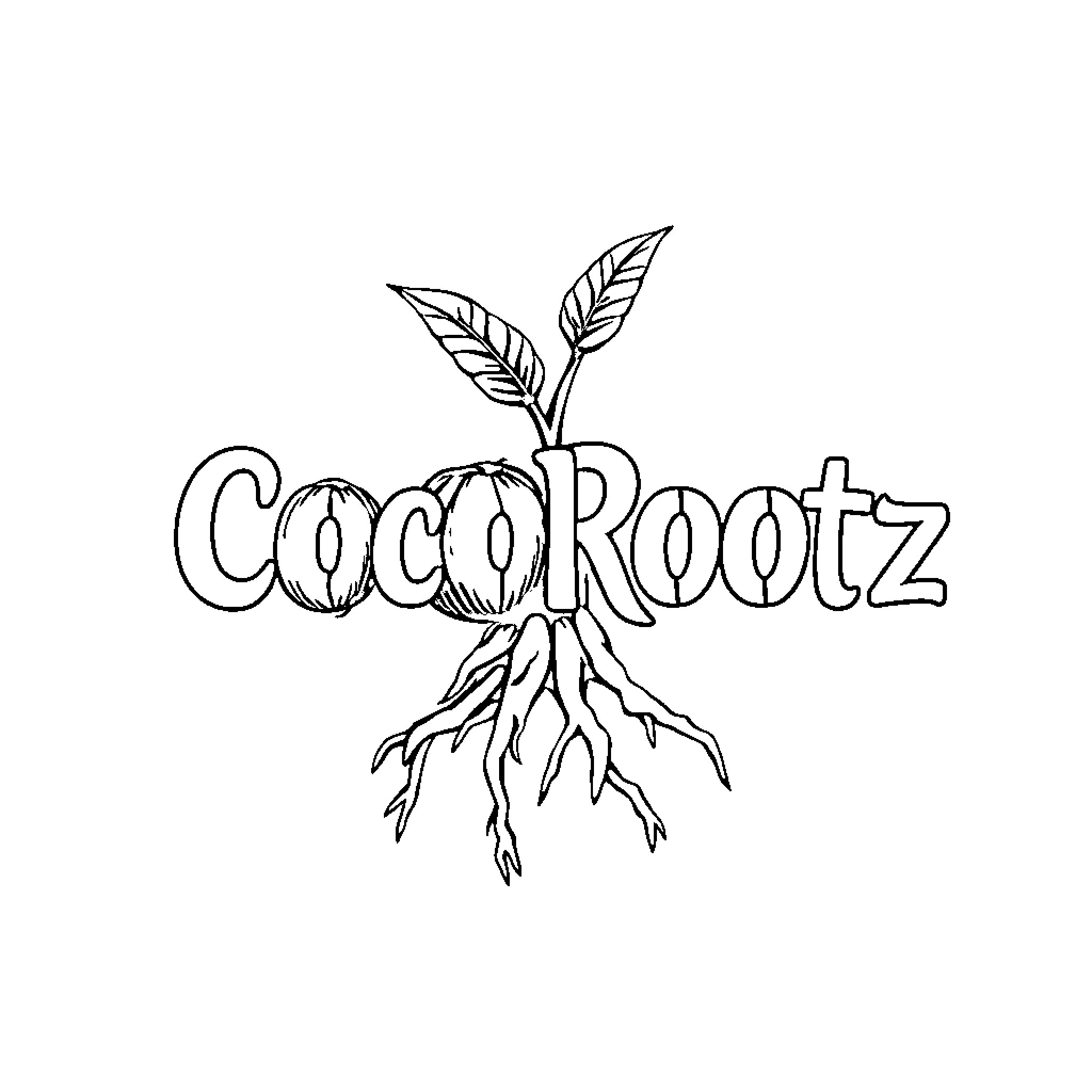 CocoRootz - Stylized plant illustration with text Coloring Page (free black-and-white line drawing printable PDF for all, from beginners to advanced learners, including children, teens, adults, and seniors)