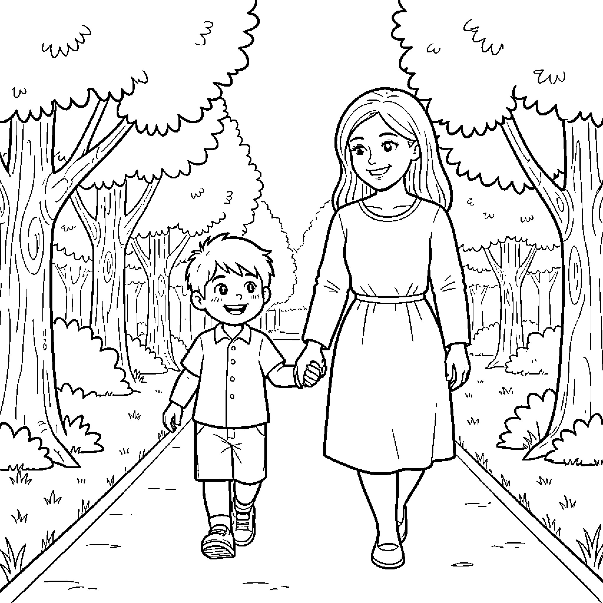 Niño and his mother explore the forest Coloring Page (free black-and-white line drawing printable PDF for all, from beginners to advanced learners, including children, teens, adults, and seniors)