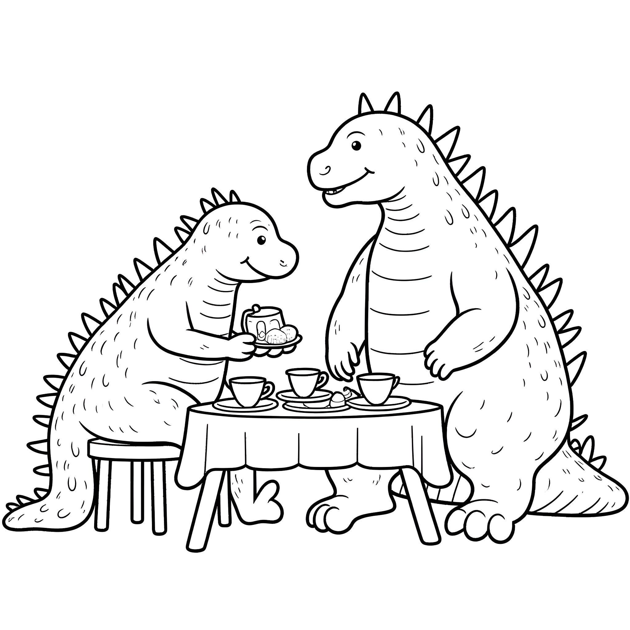 Jumbo Josh and his Dinosaur Friend Enjoying Tea Time Coloring Page (free black-and-white line drawing printable PDF for all, from beginners to advanced learners, including children, teens, adults, and seniors)