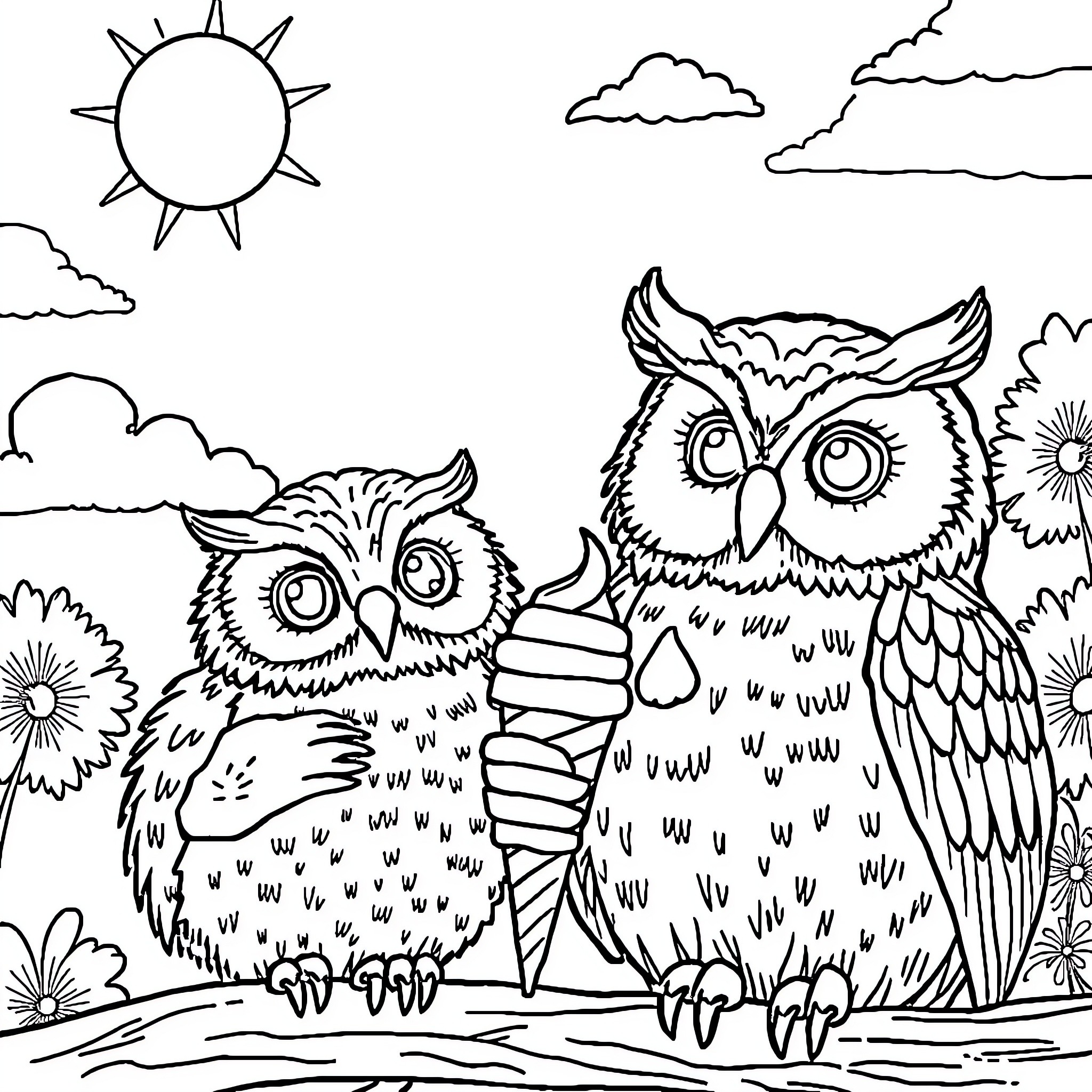 Owl Duo Observing Sunny Landscape Coloring Page (free black-and-white line drawing printable PDF for all, from beginners to advanced learners, including children, teens, adults, and seniors)